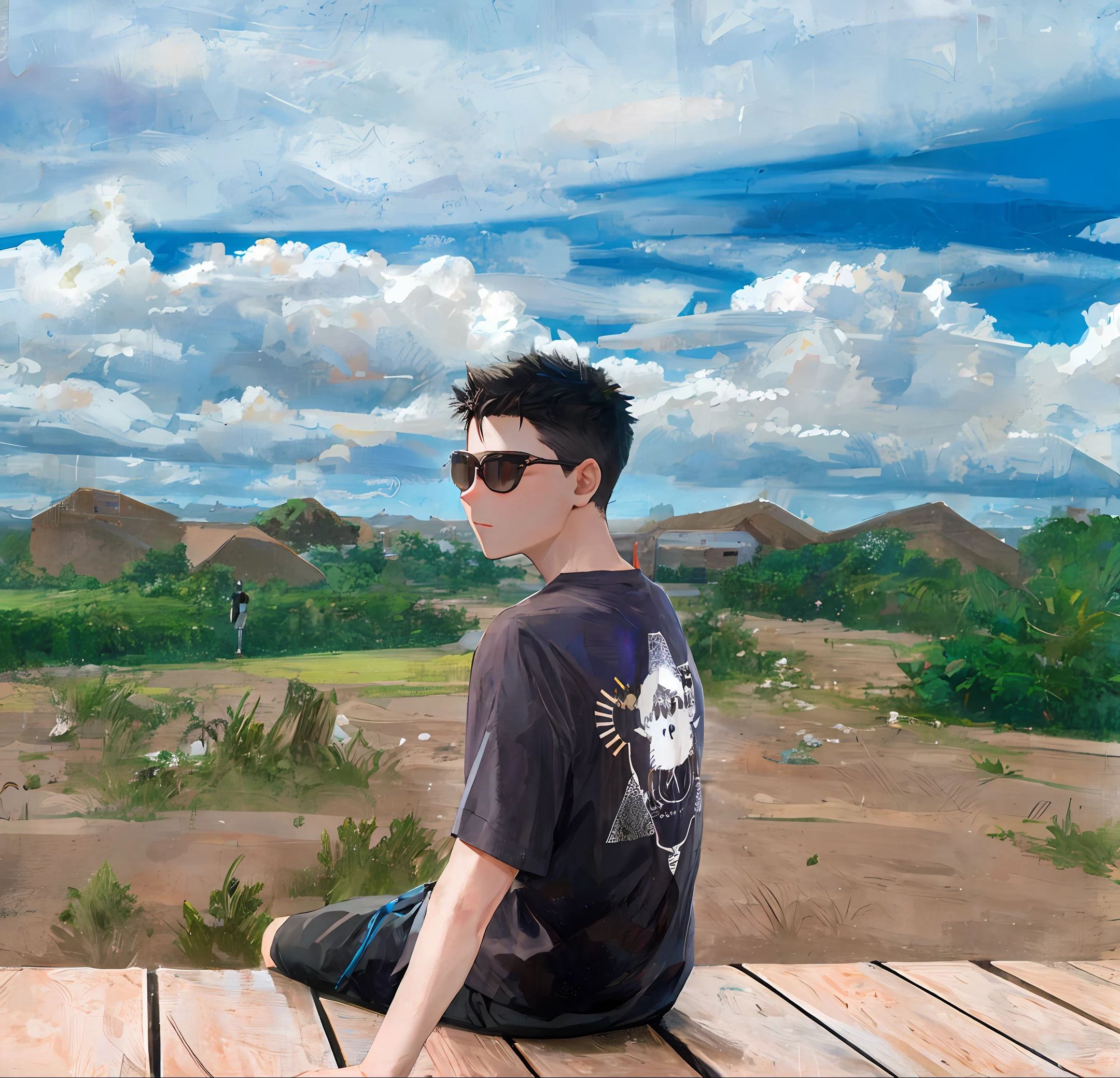 A 15-year-old boy wearing a black shirt with an eclipse on his back, black shorts, black slippers and with his hand wrapped in a faicjha;/adesivo em uma batalha e ele tem cabelo amarelo e azul