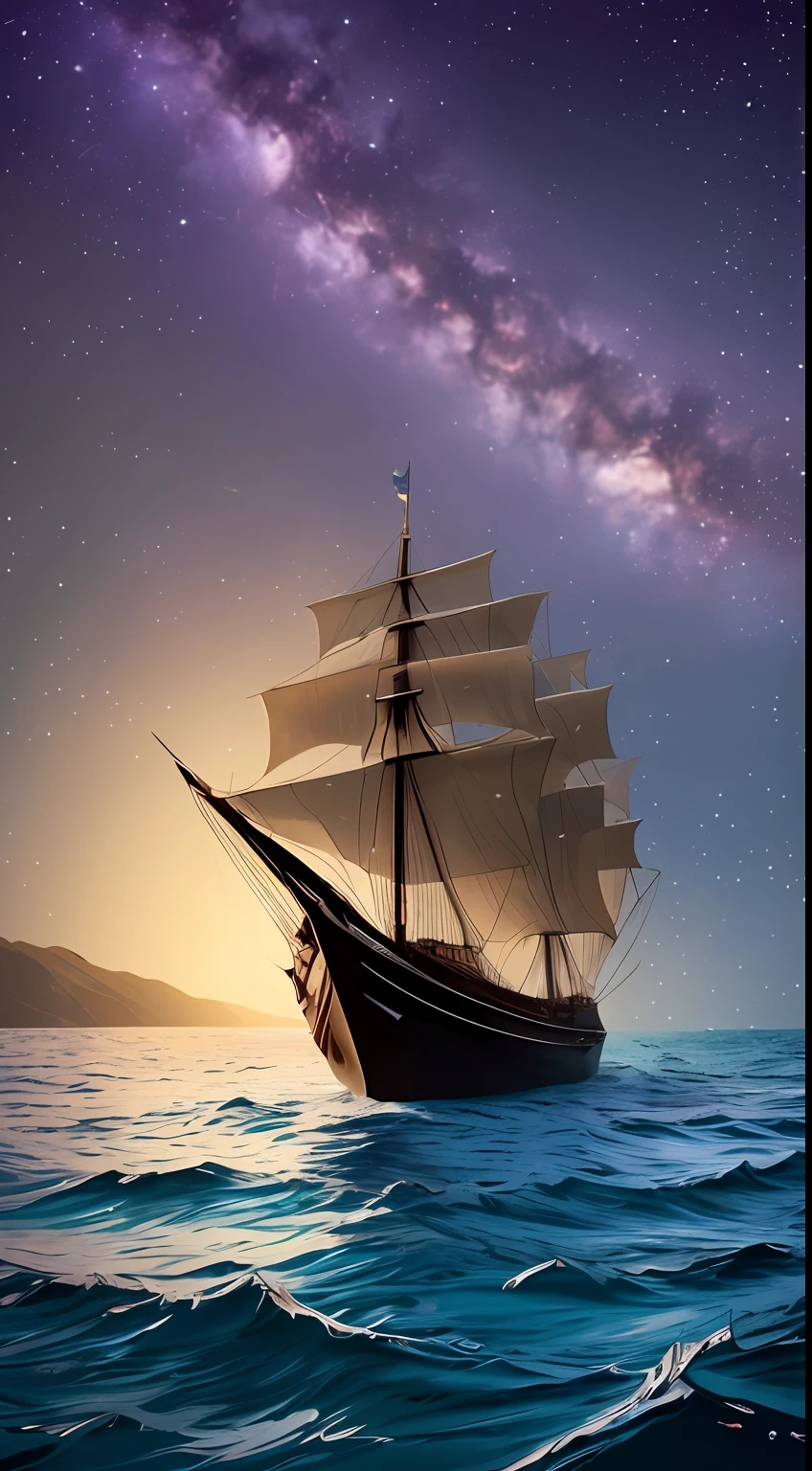 Ground、From sunlight、The streets are illuminated by width、Pirate ship floats lightly in the full wind of the sea、Vector art、A masterpiece of detailed realistic professional art、Nebula Milky Way