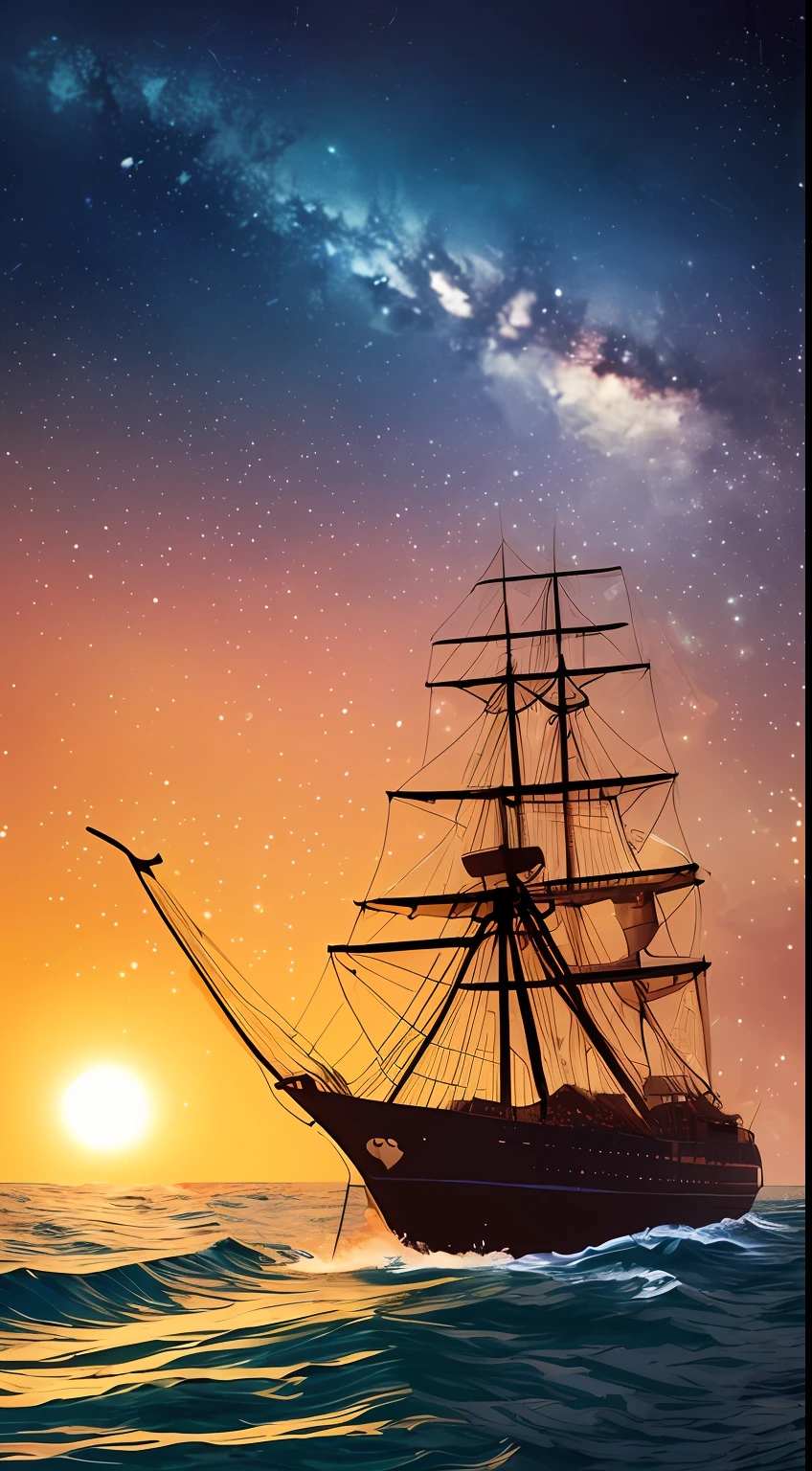 Ground、From sunlight、The streets are illuminated by width、Pirate ship floats lightly in the full wind of the sea、Vector art、A masterpiece of detailed realistic professional art、Nebula Milky Way