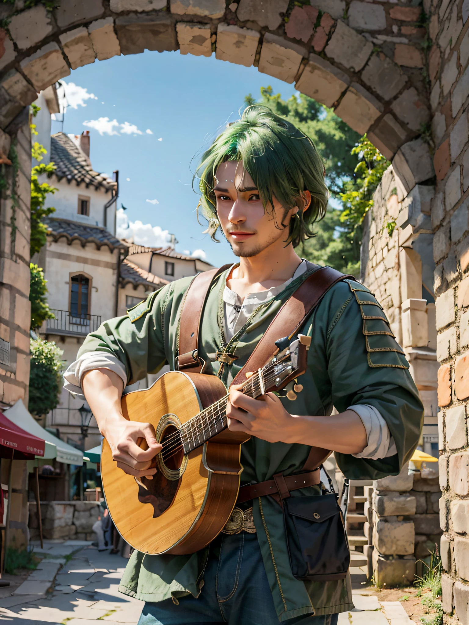 there is a man with green hair playing a guitar in a courtyard, um bardoo humano, caleb from critical role, bardoo masculino, bardoo masculino sorridente, kvothe do nome do vento, como um personagem de fantasia medieval, forest elf bard playing lute, cosplay profissional, l critical role, Anime cosplay, bardo, Tim, live-action adaptation