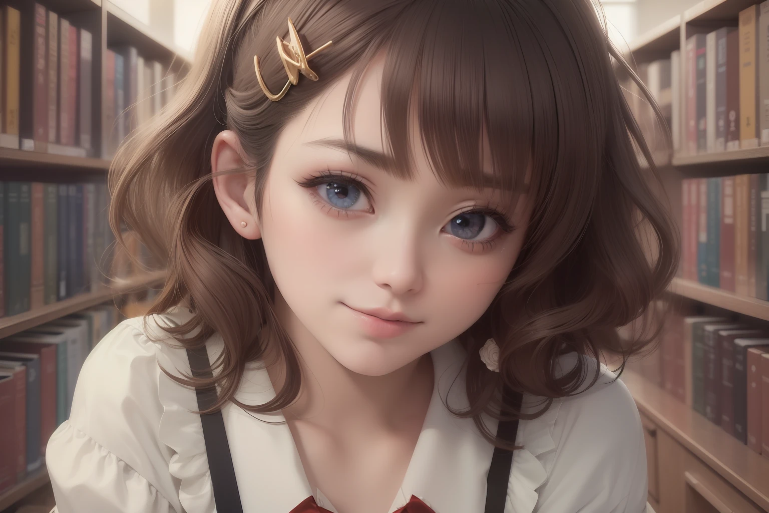 there is a girl with a bow tie and a book shelf, kawaii realistic portrait, detailed portrait of an anime girl, Smooth Anime CG Art, realistic anime 3 d style, beautiful anime portrait, portrait anime girl, portrait of cute anime girl, realistic anime art style, realistic young anime girl, Anime Realism Style, photorealistic anime girl render, artwork in the style of guweiz