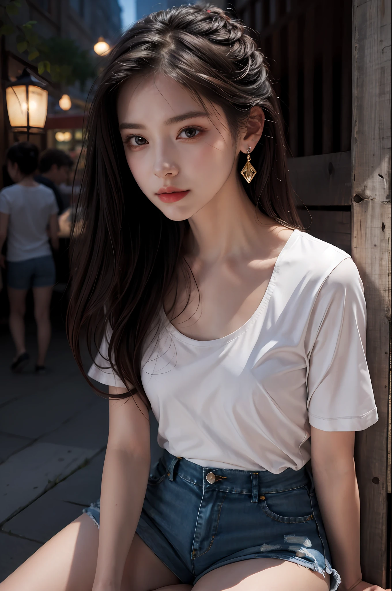 Best Quality, Masterpiece, Ultra High Resolution, (Realistic: 1.4), Original Photo, (Evening Street), 1 Girl, Black Eyes, Looking at the Viewer, Long Hair, Light Makeup, Lips, Small Ears, White T-Shirt, Denim Shorts, Earrings, Slim