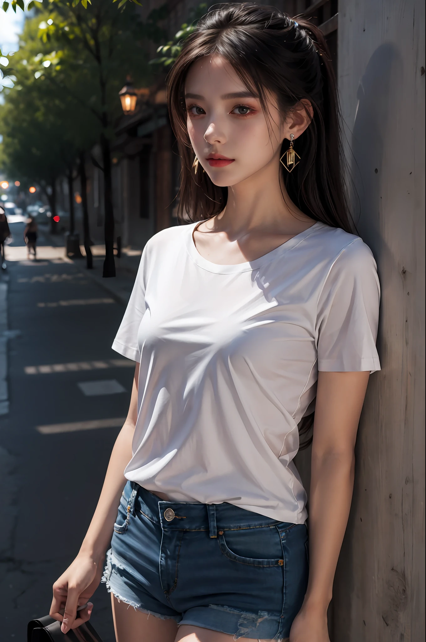 Best Quality, Masterpiece, Ultra High Resolution, (Realistic: 1.4), Original Photo, (Evening Street), 1 Girl, Black Eyes, Looking at the Viewer, Long Hair, Light Makeup, Lips, Small Ears, White T-Shirt, Denim Shorts, Earrings, Slim