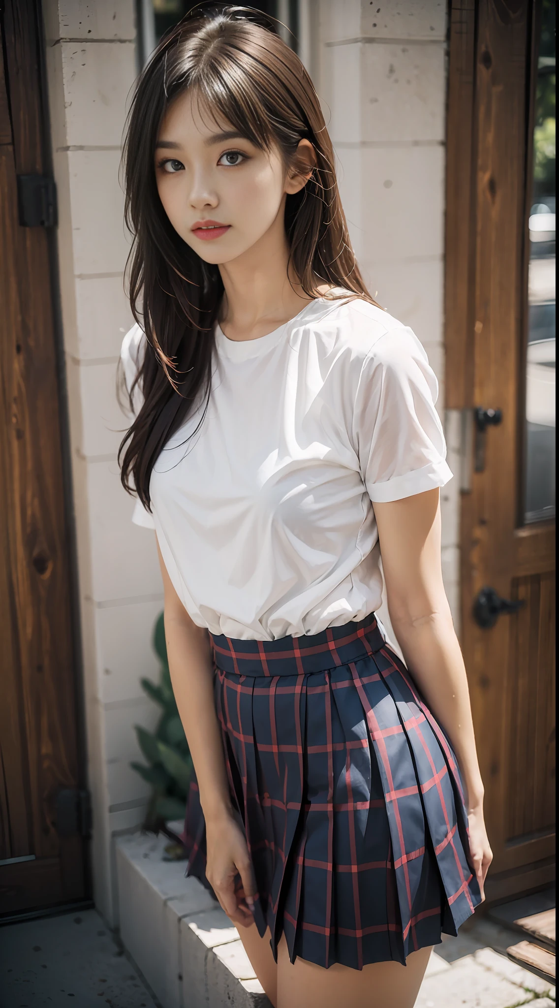 1 girl, solo, indoor, long hair, serafuku, looking at the audience, brunette hair, behind arms, pleated skirt, neckline, plaid skirt, sailor collar, short sleeves, brown eyes, sky, red collar, standing, brown hair, realistic, best quality, super high resolution, (realistic:1.4), perfect light, small breasts, parted lips, black thighs, full body, best quality, super high resolution, (realistic: 1.4), full body, dynamic angle, close up, cpl filter, blurry background, bokeh, blue hour