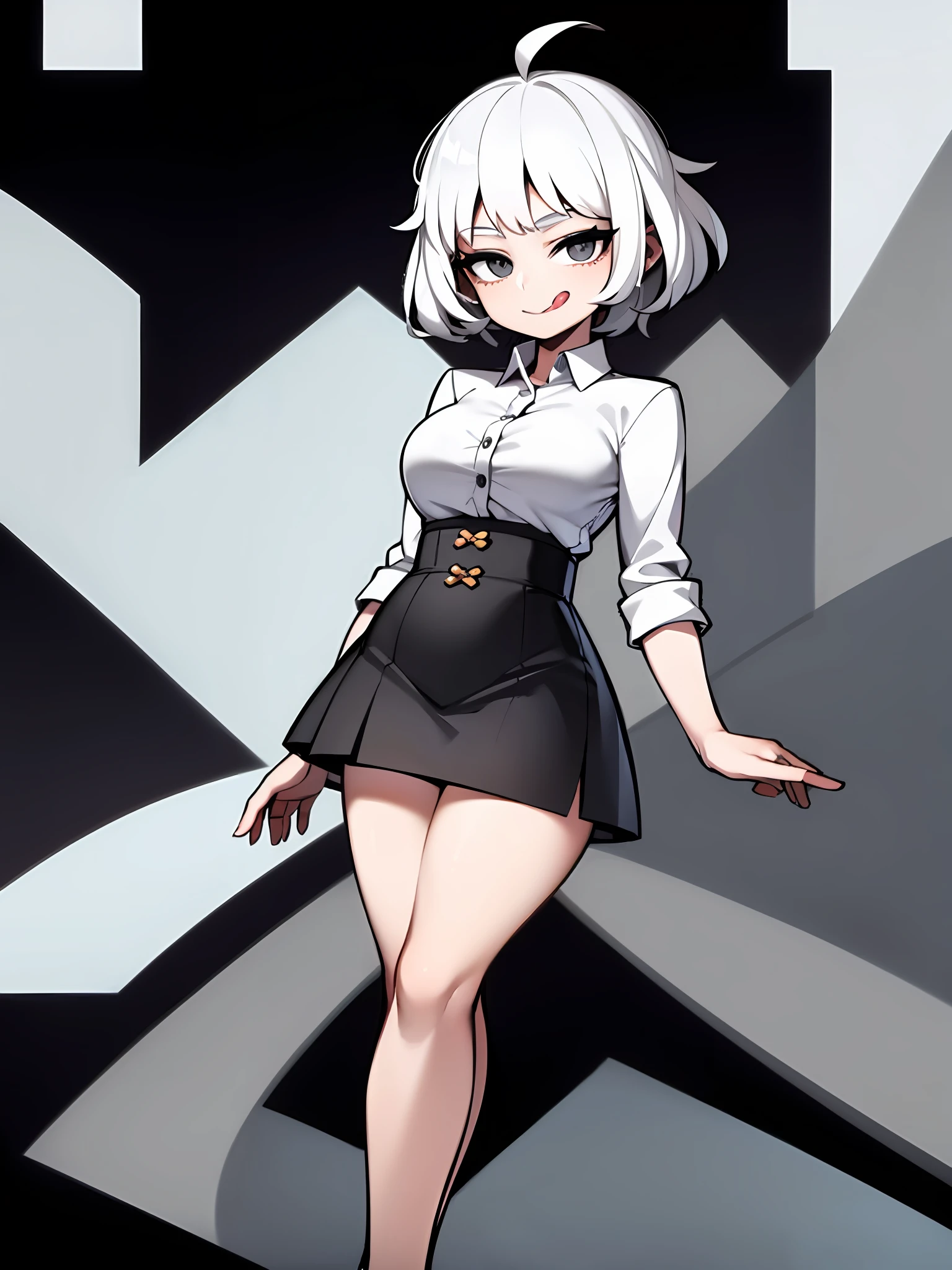 ((masterpiece, best quality)), (1girl), (solo), (female focus), (ahoge, white hair, short hair), black eyes, light smile, tongue out, big breats, big thighs, big ass ((white shirt), (buttoned shirt), (button gap)), ((black skirt), (short skirt)), standing, white background, arms behind back, dynamic angle