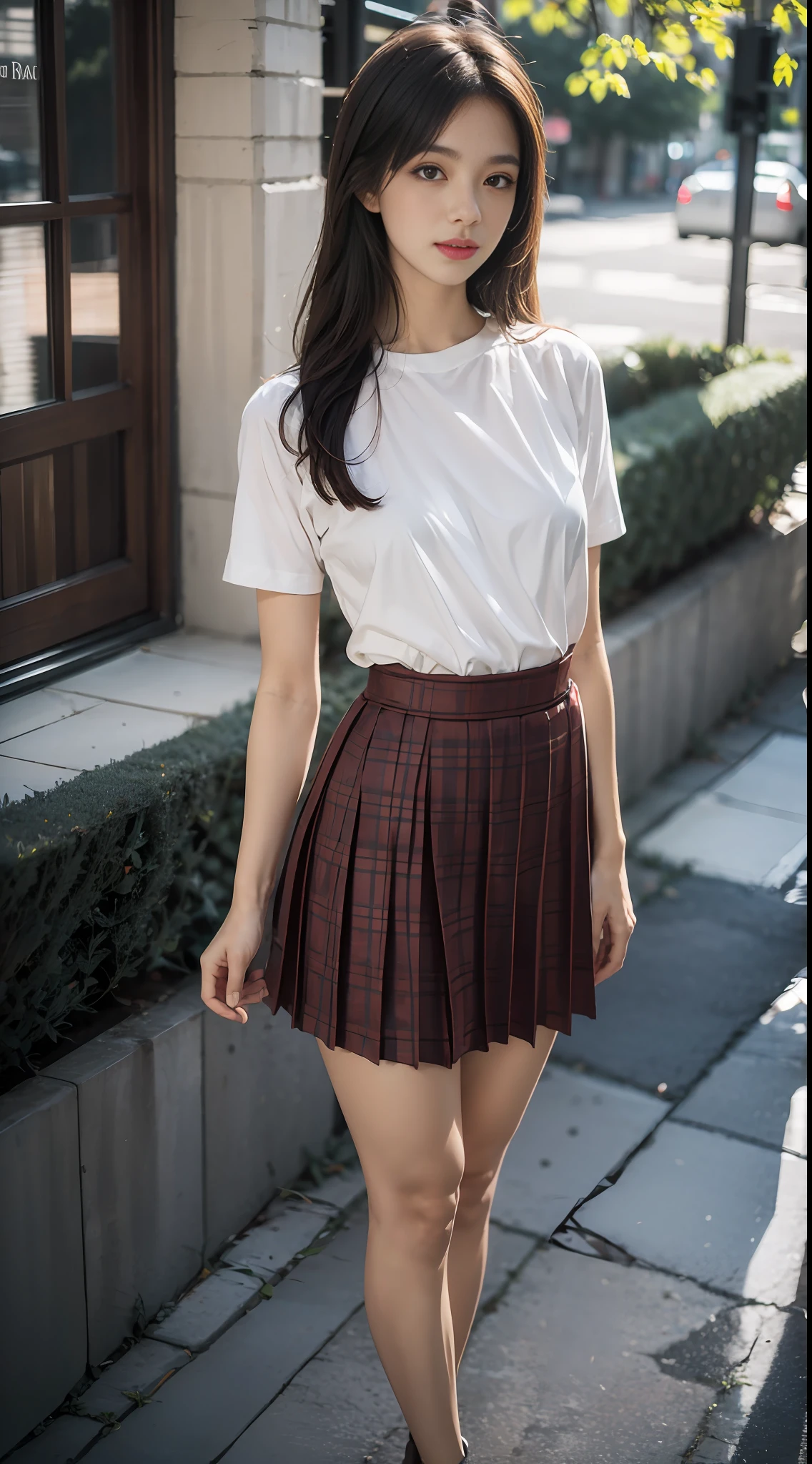 1 girl, solo, indoor, long hair, serafuku, looking at the audience, brunette hair, behind arms, pleated skirt, neckline, plaid skirt, sailor collar, short sleeves, brown eyes, sky, red collar, standing, brown hair, realistic, best quality, super high resolution, (realistic:1.4), perfect light, small breasts, parted lips, black thighs, full body, best quality, super high resolution, (realistic: 1.4), full body, dynamic angle, close up, cpl filter, blurry background, bokeh, blue hour