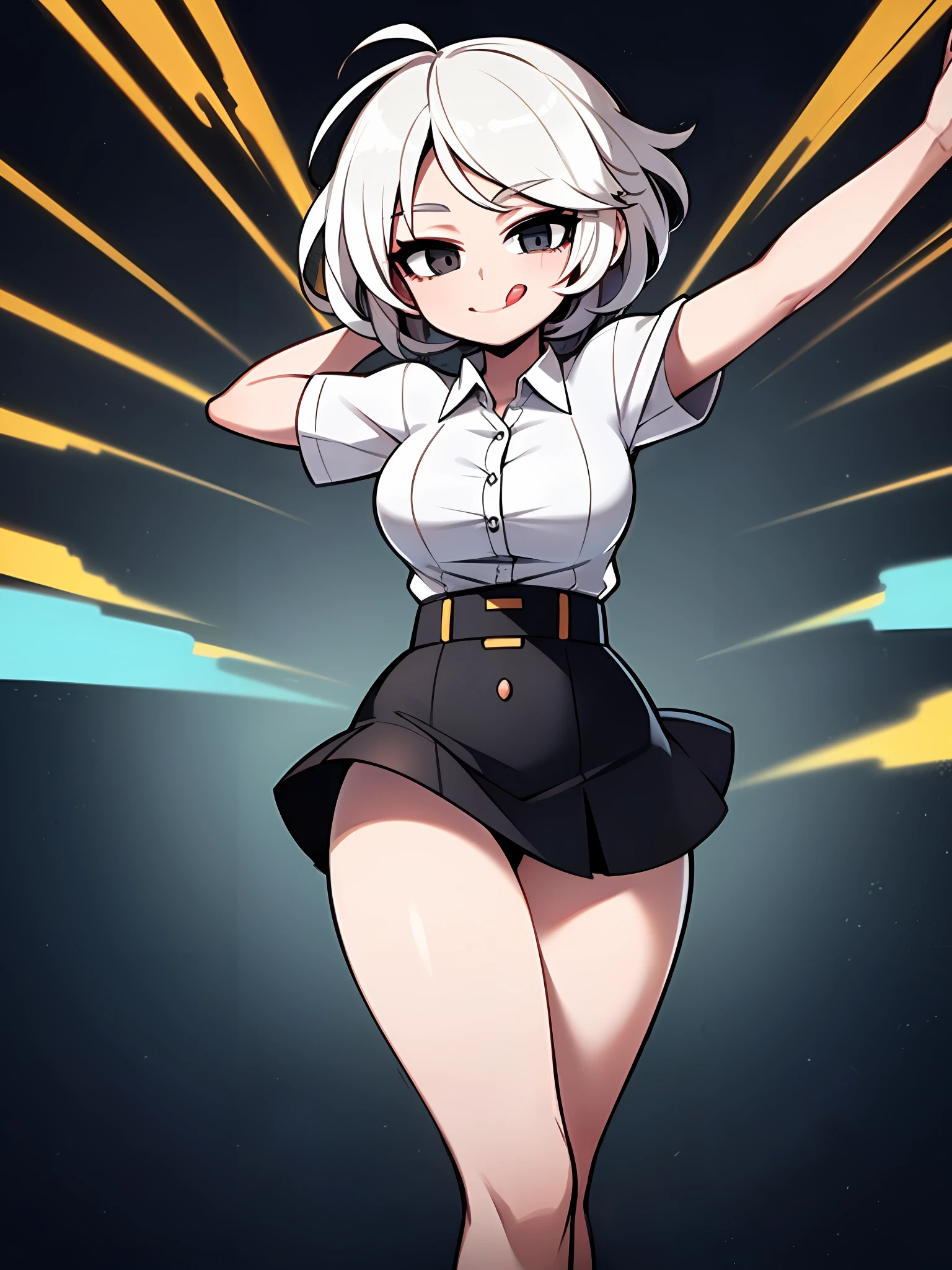 ((masterpiece, best quality)), (1girl), (solo), (female focus), (ahoge, white hair, short hair), black eyes, light smile, tongue out, big breats, big thighs, big ass ((white shirt), (buttoned shirt), (button gap)), ((black skirt), (short skirt)), standing, white background, arms behind back, dynamic angle