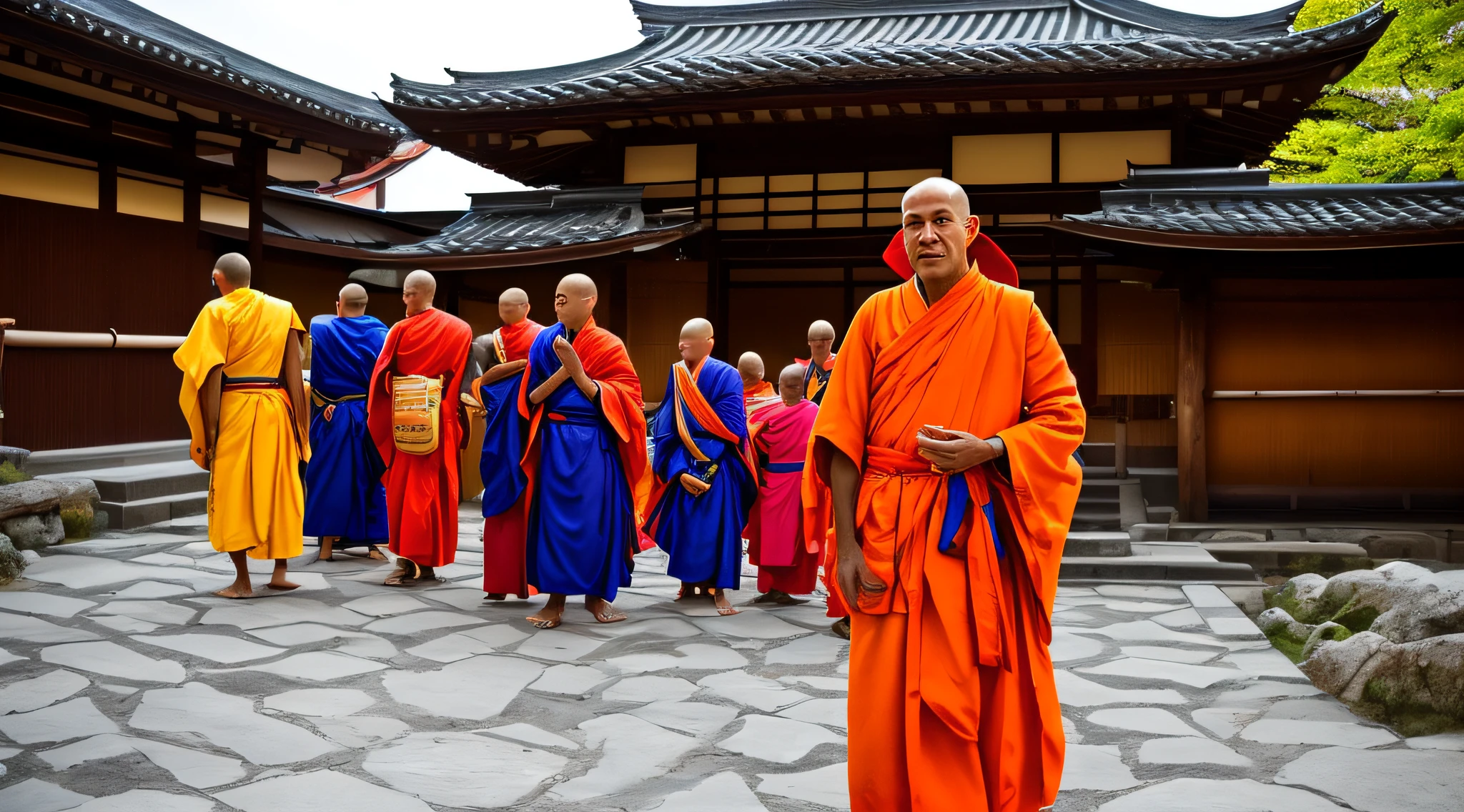 A monk is on a mountain, surrounded by people variations. He is sent in a circle with them, conversando animadamente. The monk has a gentle smile in his room as he listens to people's stories and pre-societies. He is dressed in a traditional monk's outfit, with a long bathrobe and a hood covering his head. Como pessoas que cercam seis diferentes idiomas e etnias, mas todas as parecem respeitosas e atentas.
The monk seems to be giving instructions about kyoto speech and how people seem to be getting very close to his words. How majestic and imposing montanes are, creates a sense of peace and serenity in the environment. The sun is on the lake and the sky is a mixture of tons of orange and pink. The is fresh and pure, and there is a faint smell of incense in the air. --auto