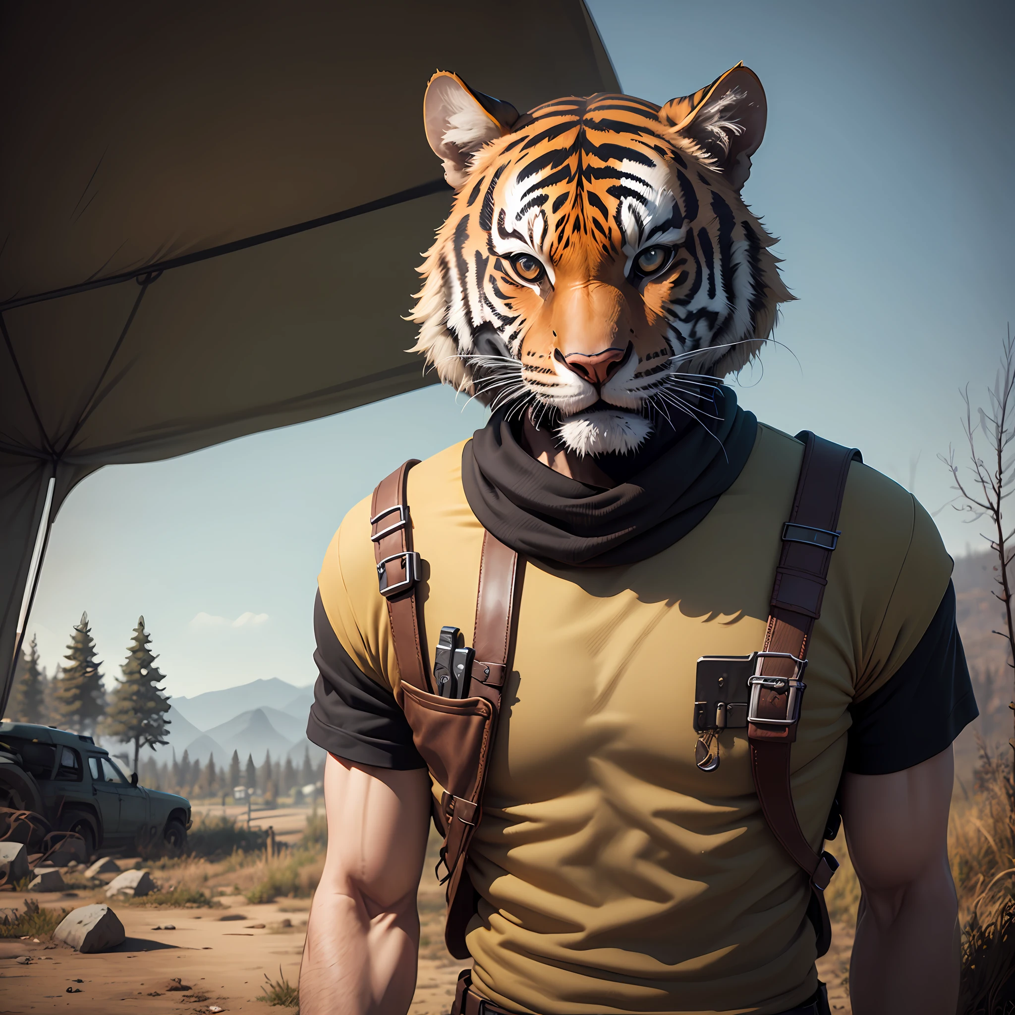 Imagine um homem na paisagem de dayz, chernarus, com casaco de tigre, Post-apocalyptic world, --auto