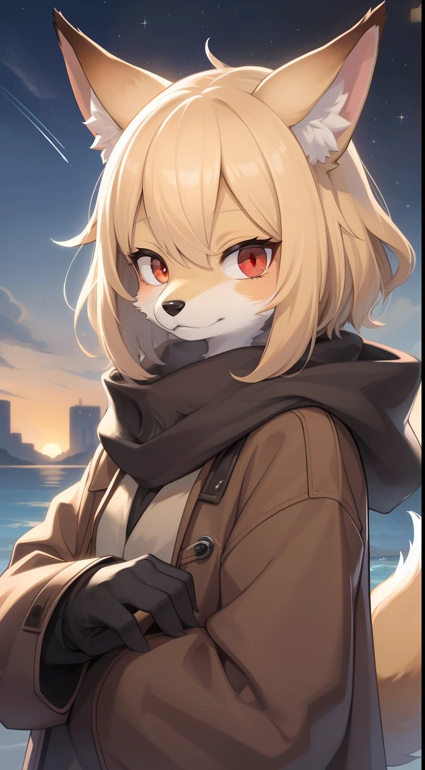 Fox Boy,Boy,was hairy,shaggy,Smoothes lashes,Skin fur,Golden fur,Short hair in men,Forelimb hands, solid circle eyes,Golden ears,Golden face fur , Short blonde hair,Red eyes,Super cute face,Brown elements on fur,Brown coat brown hood up,Ambient light,Ultra-fine fur,volumettic light,Night,natural day light,fox tails,Fluffy tail,furries wearing tails,Big tail,nevando,Night,A sky full of stars,seawall,crossed bangs, hair strand, Shiny hair,Empty eyes,35mm,sharp talons。High quality, high detailled, Best quality, Ultra HDR, Dark brown gloves,Red diamond scarf,独奏