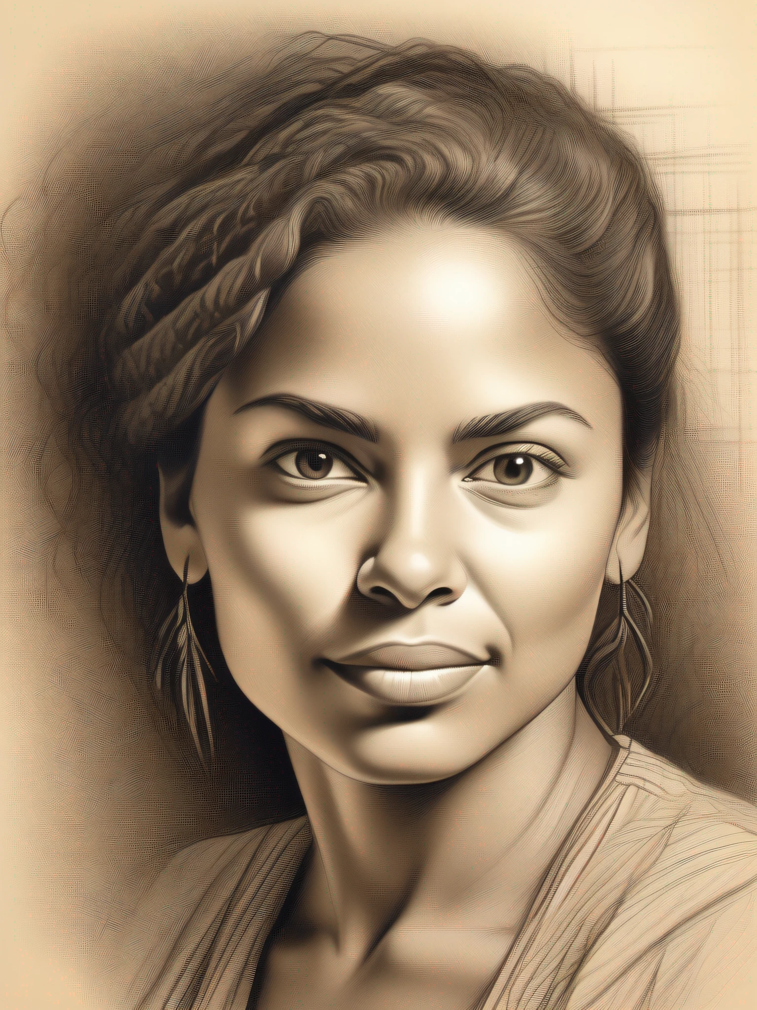 Image Type: Pencil Drawing, Subject Description: Portrait of Brazil's Most Beautiful Woman of Ethnic Origin, Art Styles: Cross Hatch, Inspired by Renowned Designers, Framing Plan: Foreground, Soft Lighting, High Resolution --auto