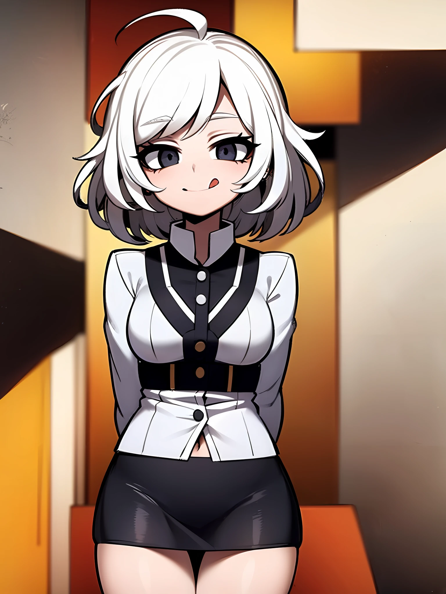 ((masterpiece, best quality)), (1girl), (solo), (female focus), (ahoge, white hair, short hair), black eyes, light smile, tongue out, big breats, big thighs, big ass ((white shirt), (buttoned shirt), (button gap)), ((black skirt), (short skirt)), standing, white background, arms behind back, dynamic angle