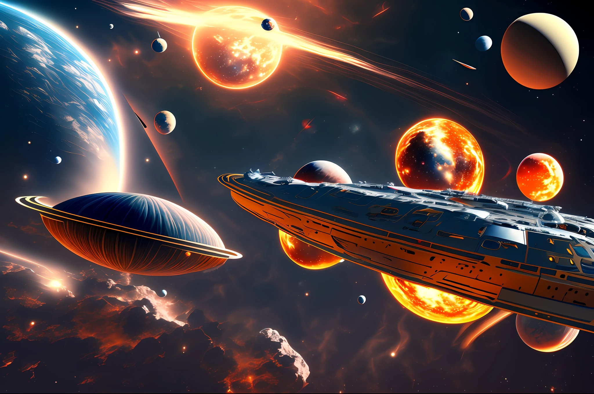 Ships in a space race in outer space with burning planets, Ultra Realistic, HD, 4K --auto --s2