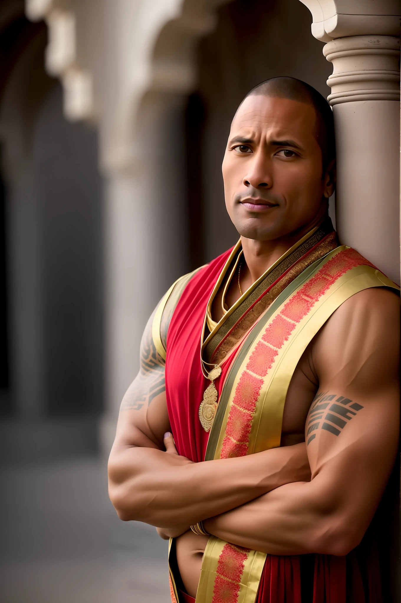 extremely detailed photo Dwayne “The Rock” Johnson as an Indian saint, adorned with traditional Indian clothing and accessories. He should be standing in a serene, spiritual setting, with a halo of light surrounding him. His facial expression should be peaceful and meditative, with his eyes closed in deep contemplation. The background should feature elements of Indian culture, such as vibrant colors, intricate patterns, and traditional architecture. The overall mood of the image should be calm and introspective, conveying a sense of spiritual enlightenment., model photoshoot, 8k UHD, ultra detailed, RAW photography