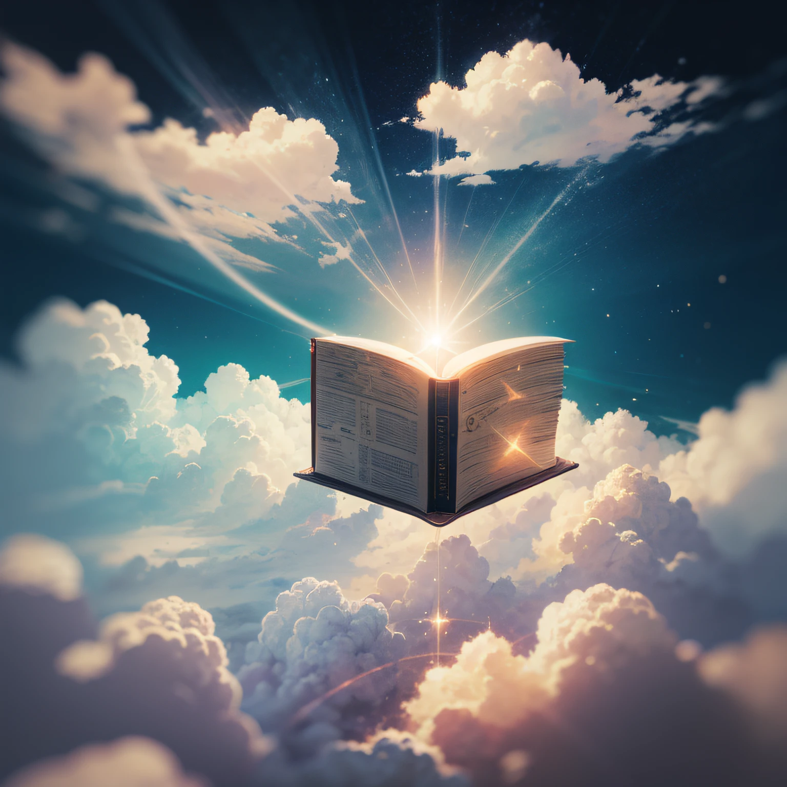 Bible on top of clouds with a light shining brightly around