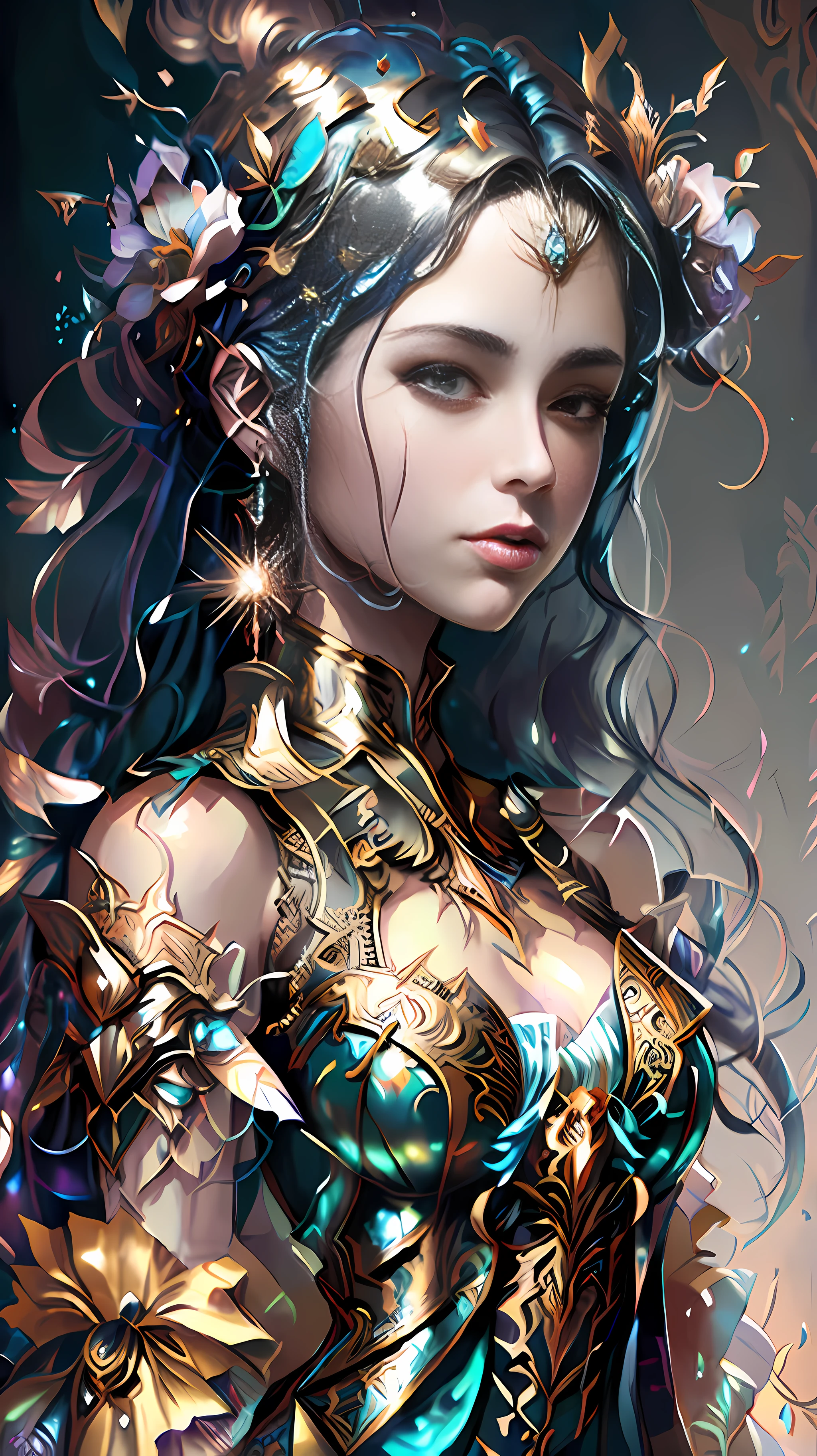 Un plano entero de una mujer hermosa y elegante, con un vestido de encajes, mascada estilo filigrana decora su cabello, Lush exotic flowers. fantasy art behance, fantasy art illustration, Fantasy Full Shot Portrait, digital fantasy art ), Fantasy art, Portrait Fantasy Art Full Body Shot, Magnificent digital art, fantasy illustrations, Fantasy style art, Detailed fantasy art, beautiful fantasy portrait, Fantasy Illustration, Hermosa obra de arte digital, digital art fantasy art, fantasy portrait art, a beautiful artwork illustration