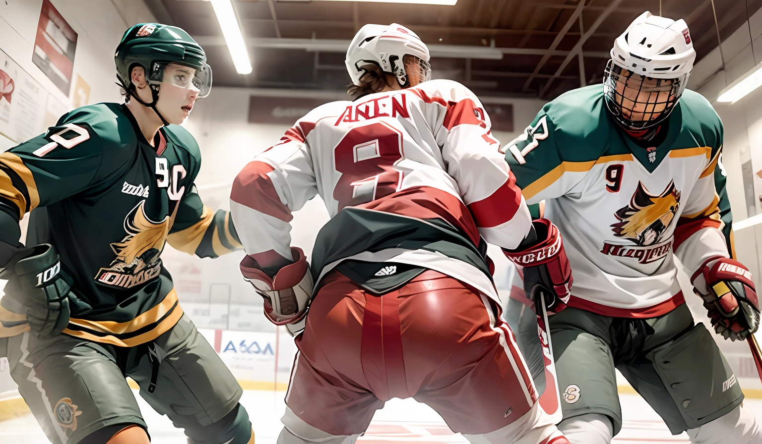 three hockey players are playing a game of ice hockey, --auto