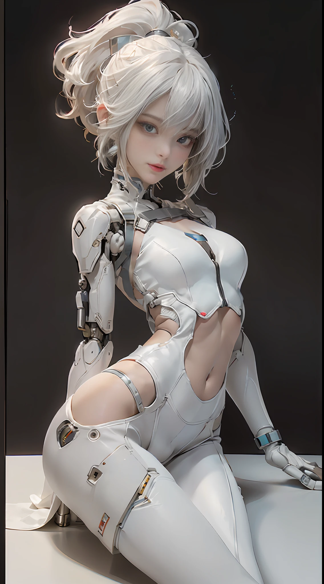 white laboratory, mechanical wings, silver color, head and full body, Extremely cute human eighteen year old girl face, human torso, human huge boobs, human abdomen, human hips, human arms, mechanical legs, arms and legs with hard white shiny shell and black joints, very beautiful and feminine, short, petite, small, small, busty buttocks, medium bust, cleavage display, flat belly display, partial helmet with antenna on the ear, black robot joints, very stylish, award-winning product design, black rubber tights, The shiny white metal breastplate opens at the cleavage and abdomen, the white metal buttocks are wrinkled, and the armor has stylish, glowing trims