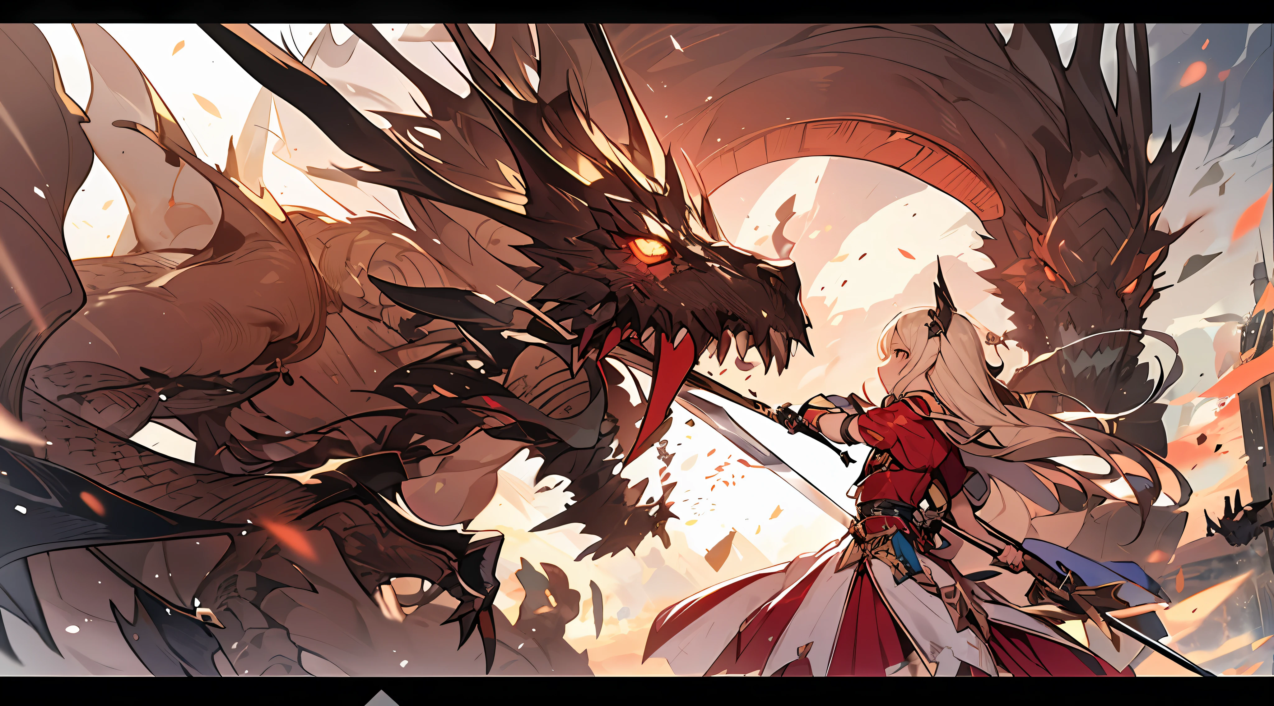 anime - style image of a woman with a sword and a dragon, fighting a dragon, fighting a dragon, trending on artstation pixiv, Detailed Digital Anime Art, anime epic artwork, badass anime 8 K, 2. 5D CGI Animef