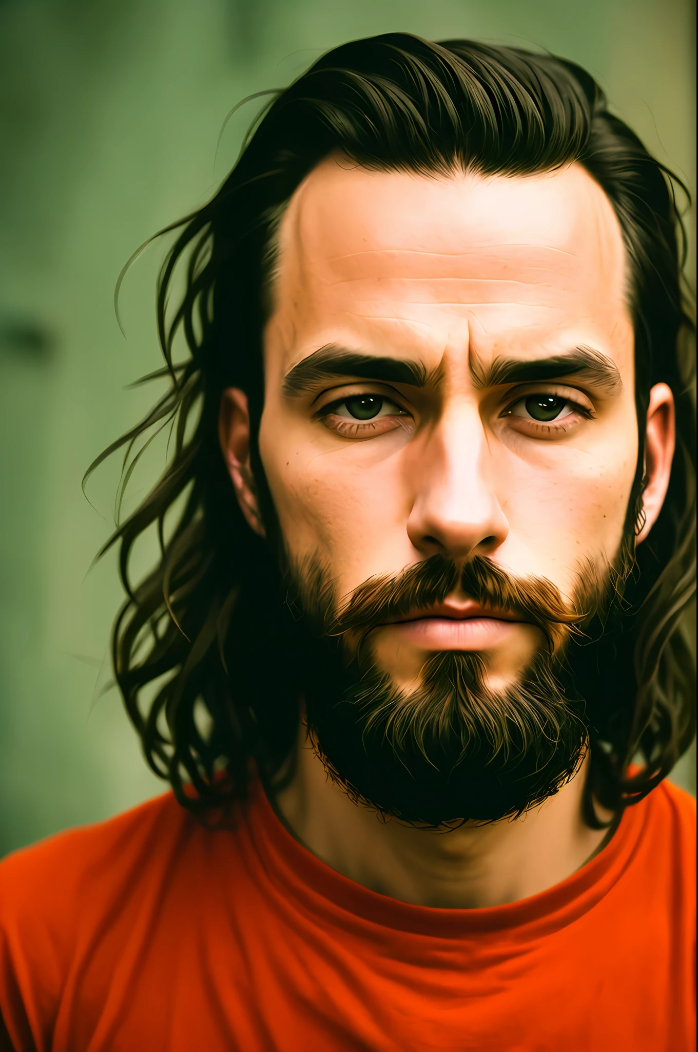 Dramatic portrait of a man, cabelo curto, grande cicatriz no rosto, 35 mm lens focal length, camisa preta, capa de couro marrom