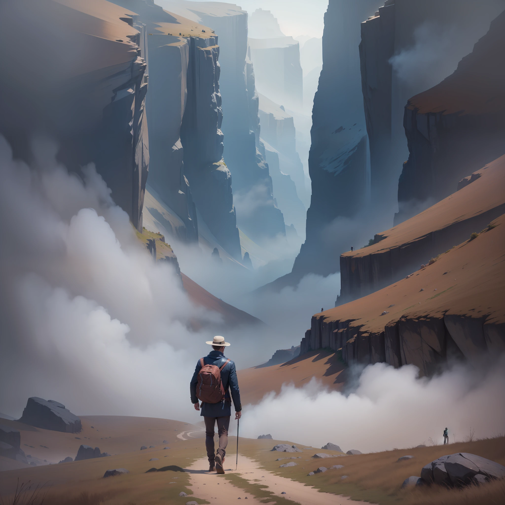 Handsome man walking through a mountainous landscape with fog. ultra detallada. fotorrealista