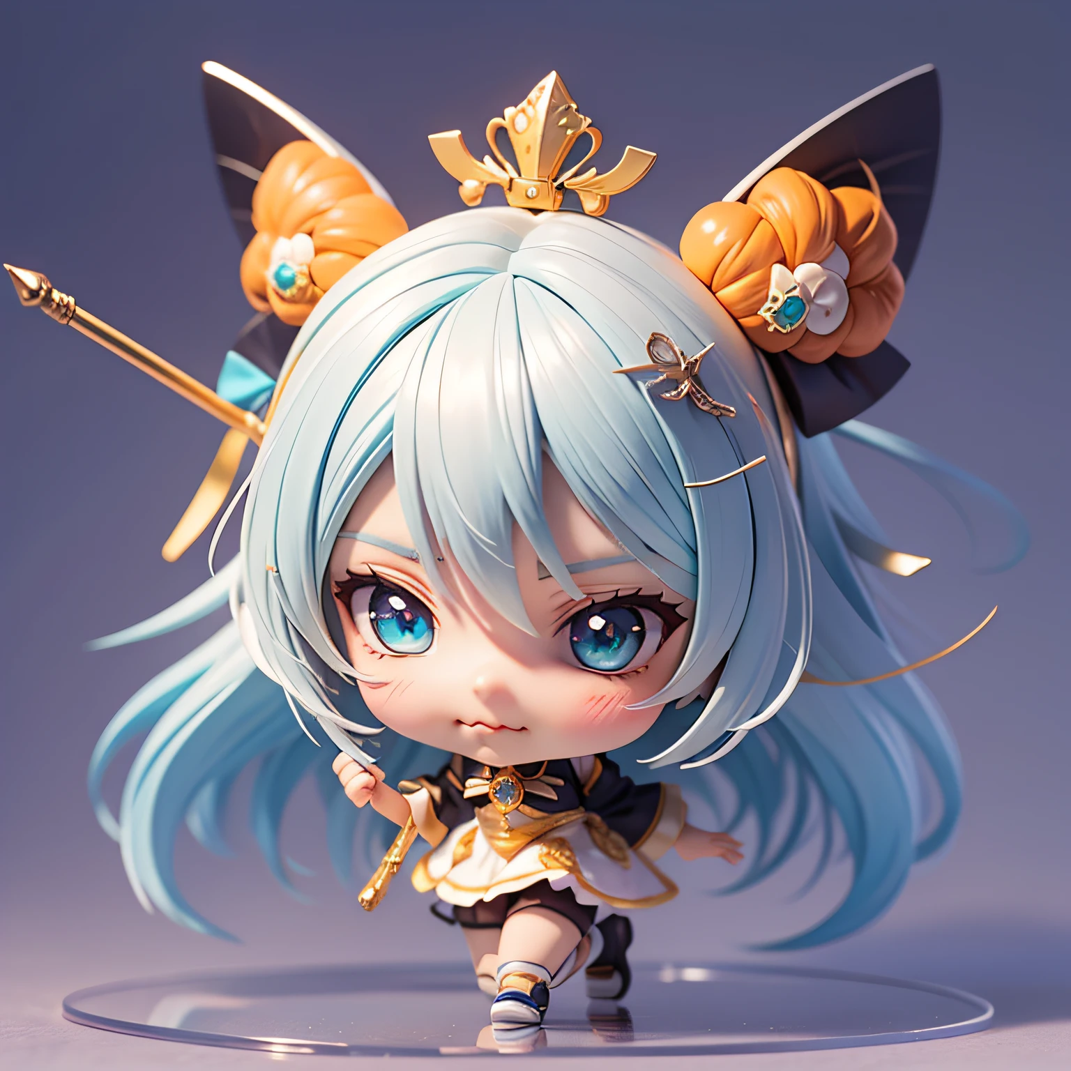 Girl Anime Figure, 3d Rendering by Hitoshi Homura, Trending with Polycount, Conceptual Art, Anime Style 3D, Stylized Anime, Cute 3D Anime Girl Rendering, Anime Girl Running, Anime Moe Art Style, Style as Nendoroid, Cute 3D Rendering, Anime Stylization, Anime girl with orange hair, anime girl running, young anime girl, chibi anime girl, cute!! Chibi!!!, anime girl, witch, girl in uniform, chibi girl, cute anime girl, anime chibi, cute anime girl portrait, anime girl, cute witch, anime girl with medium long hair, female anime character with orange hair, little devilish eyes, little devil tsundere, posing in white dress, chibi, Chibi cute, chibi, mini size, pretty girl, 2nd class, 3rd life, wizard girl, silver bracelet, silver accessories, silver ring, magic wand, gold wand, little tsundere, mouth looking a little angry, eyes looking a little angry, mouth slightly pursed, full body figure, full body, chibi figure, minifigure, turquoise cane, turquoise wand, magic wand, magical girl, mini size, mini