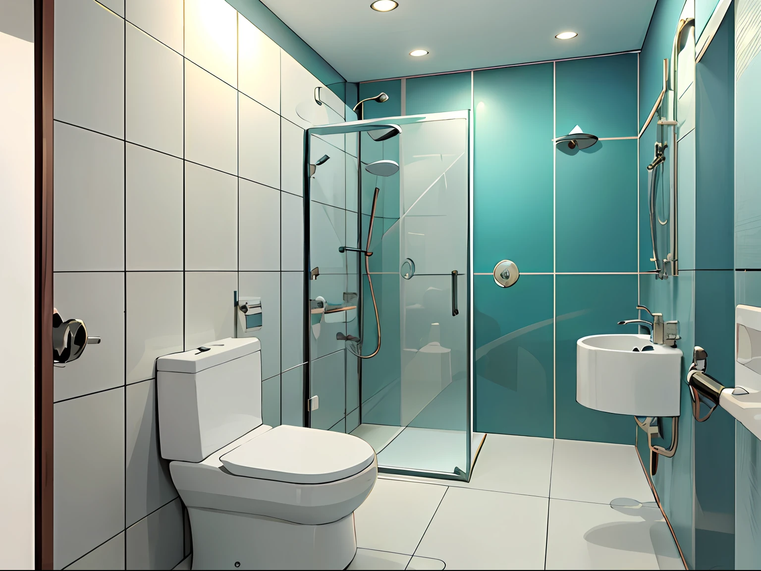 Toilet bainheiro panoramic view very simple European style complete with toilet shower shower and mirror , estilo simples: 1.2, parede branca,