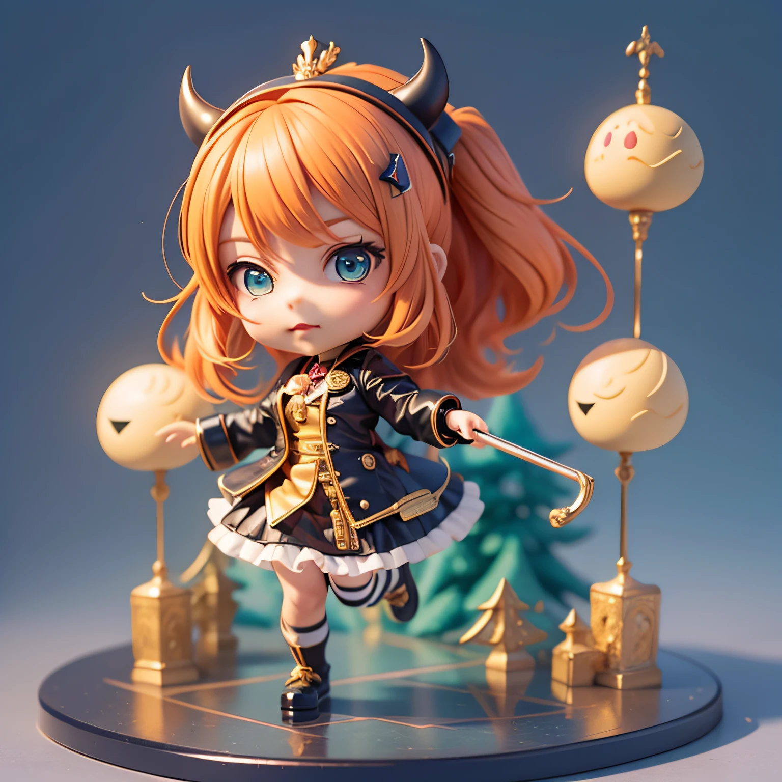 Girl Anime Figure, 3d Rendering by Hitoshi Homura, Trending with Polycount, Conceptual Art, Anime Style 3D, Stylized Anime, Cute 3D Anime Girl Rendering, Anime Girl Running, Anime Moe Art Style, Style as Nendoroid, Cute 3D Rendering, Anime Stylization, Anime girl with orange hair, anime girl running, young anime girl, chibi anime girl, cute!! Chibi!!!, anime girl, witch, girl in uniform, chibi girl, cute anime girl, anime chibi, cute anime girl portrait, anime girl, cute witch, anime girl with medium long hair, female anime character with orange hair, little devilish eyes, little devil tsundere, posing in white dress, chibi, Chibi cute, chibi, mini size, pretty girl, 2nd class, 3rd life, wizard girl, silver bracelet, silver accessories, silver ring, magic wand, gold wand, little tsundere, mouth looking a little angry, eyes looking a little angry, mouth slightly pursed, full body figure, full body, chibi figure, minifigure, turquoise cane, turquoise wand, magic wand, magical girl, mini size, mini
