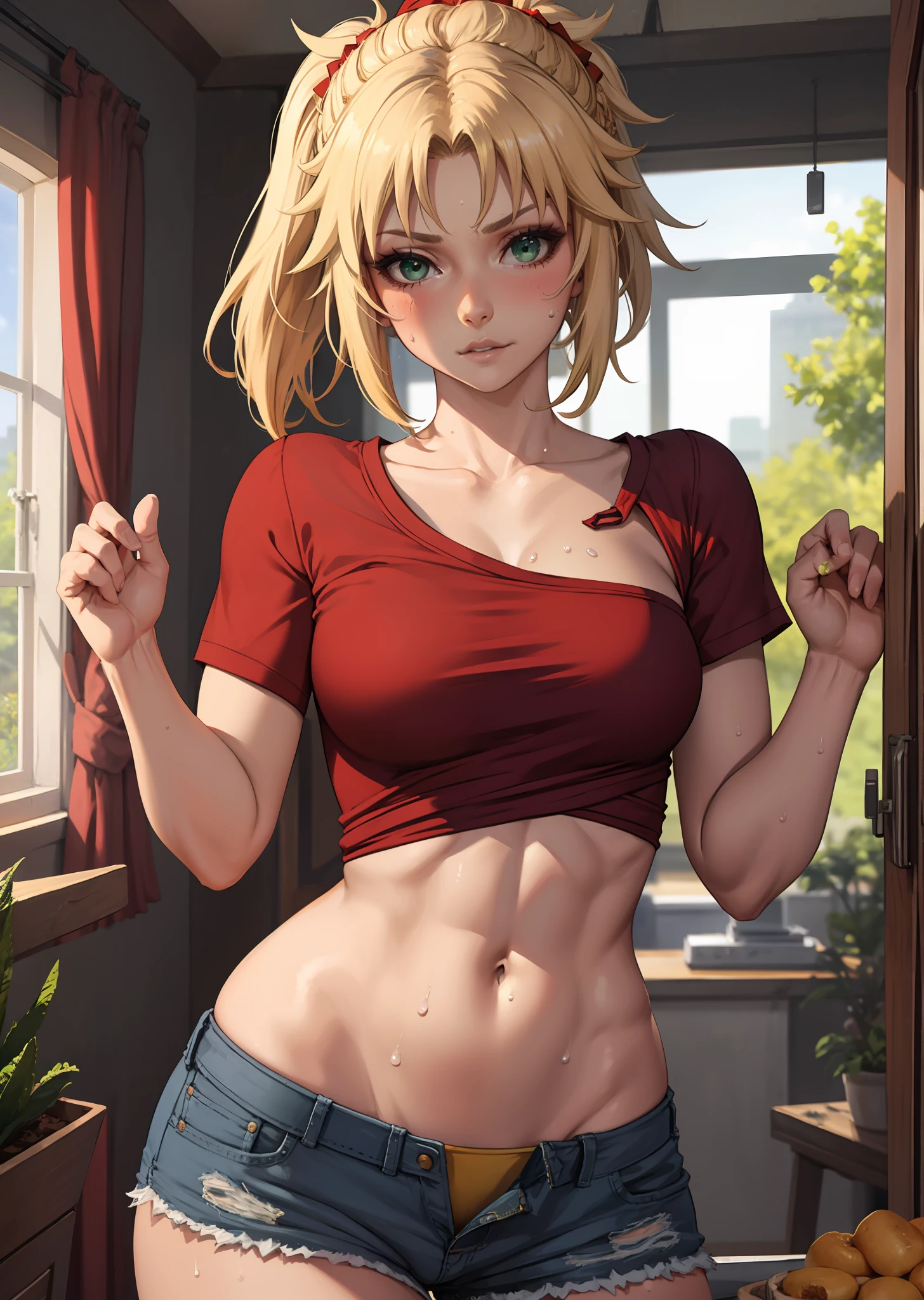 Beautiful, Masterpiece, Best Quality, extremely detailed face, Perfect lighting, mordred \(fate\), a 1girl, 独奏, blondehair, Green eyes, braid, Worth, black shorts, Blush, collarbone, crop top, looking  at viewer, Belly Button, abs, little chest, red shirt, Shirt, Bandeau, Short shorts, wide thighs, ass, sweat, erotica