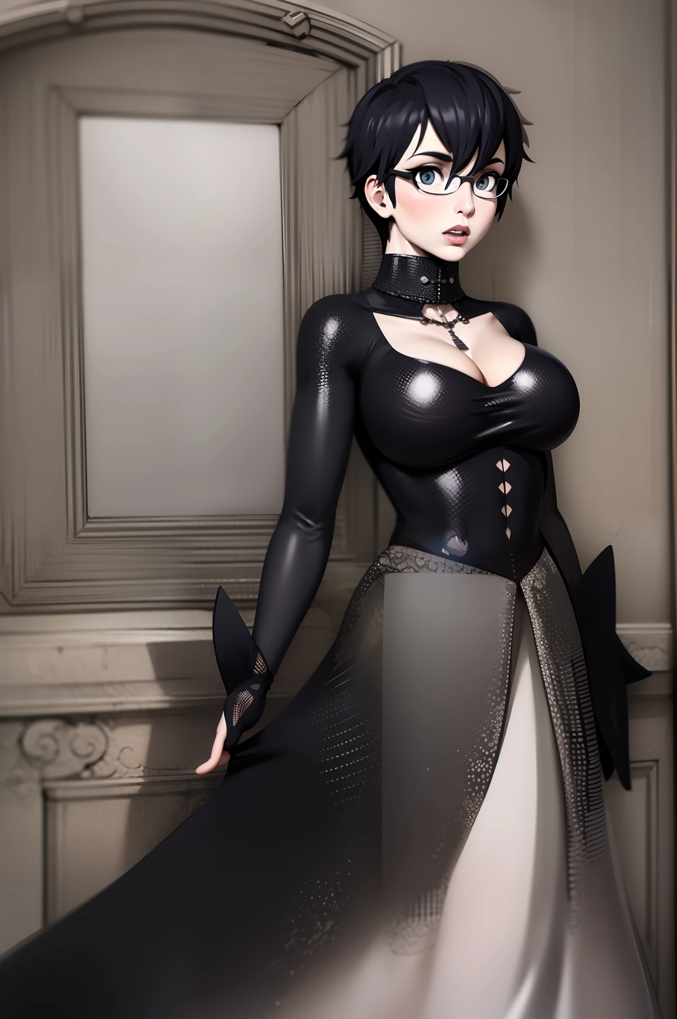 Cheveux courts, long robe, chiffons noirs, tomboy, cheveux noirs, maquillage, Goth, verre,sein moyen, christian, Croix latine, seul, forest, full clothed, victorian cloths, Jupe longue, marche, portait, full body