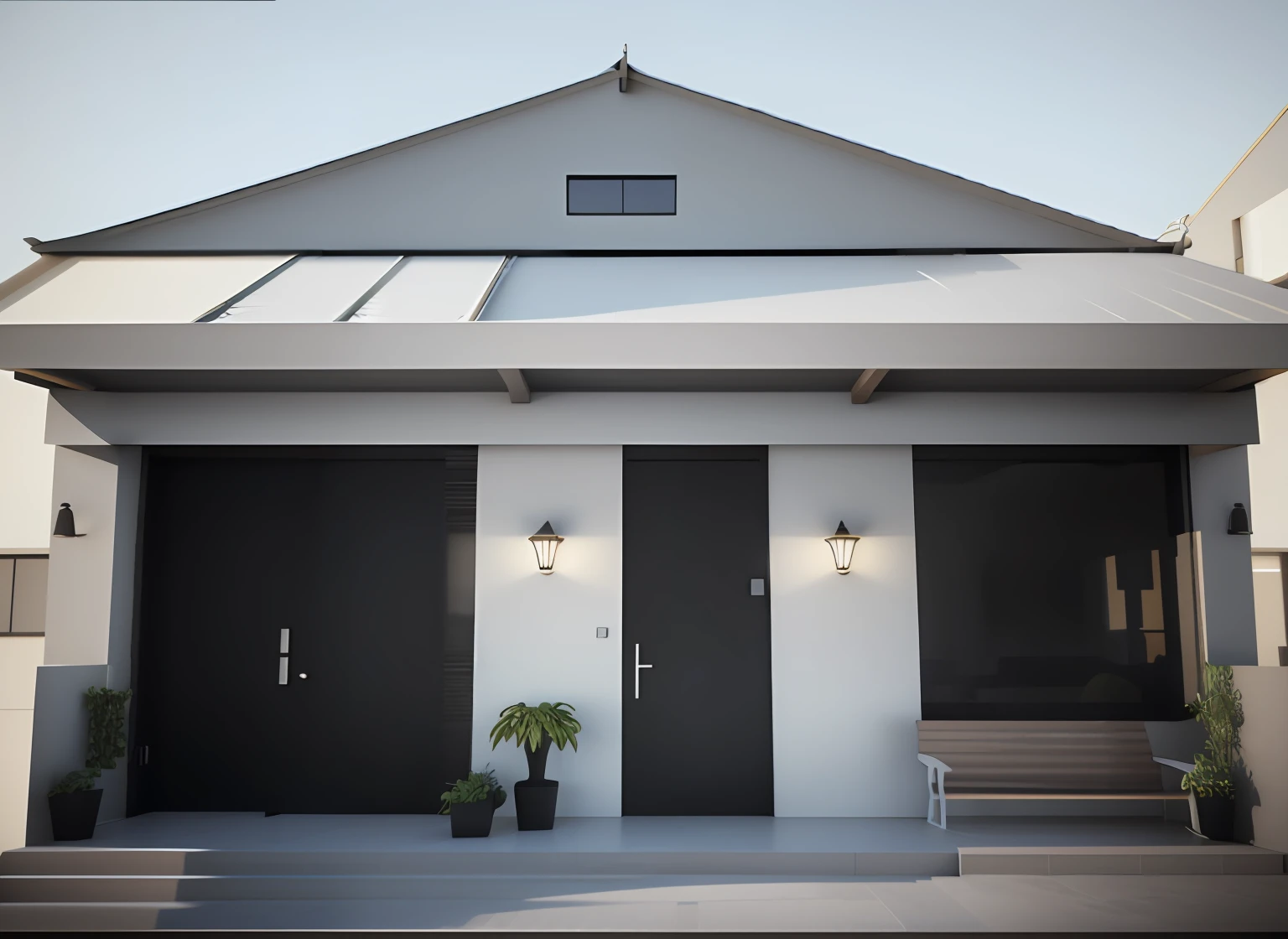 there is a picture of a modern house with a bench, lumion rendering, render 3d bem iluminado, highly photographic render, photorealistic render, lumion rendering, photorealistic 3d render, very realistic 3 d render, photorealistic 3d render, night time render, fechar o tiro de estabelecimento, award winning render, 3 d render mesmo aceso, award winning render