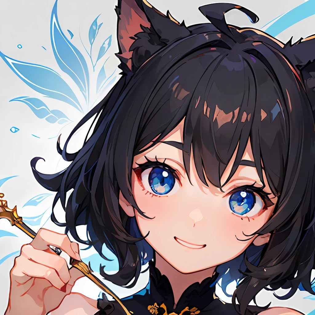 ((highest quallity))、((A masterpie))、((ultra-definition))、(illutst)、(Fine light)、(Extremely delicate and beautiful)、(((独奏)))、(((a beautifulchi girl) )))、((Best Quality, High_resolution, Distinct_image)),(Black Hair), (Black cat ears), (Ahoge), (absurdly short hair), (Wavy Hair), (Blue eyes),smile on face