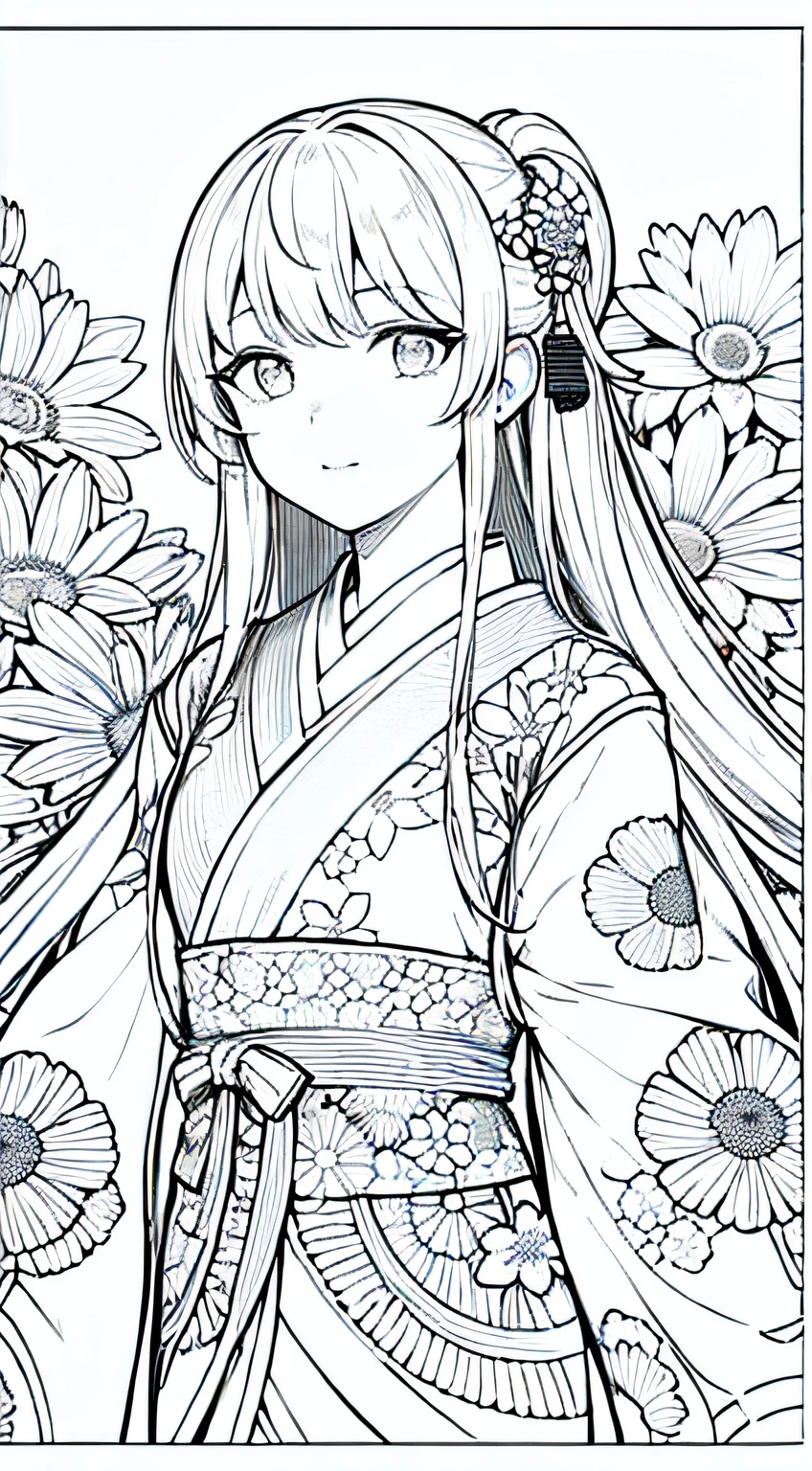 "Obra maestra, mejor calidad, 1girl, cabeza en primer plano, hanfu, fantasy, flores, Floral line drawing background, Line Art, monocromo".