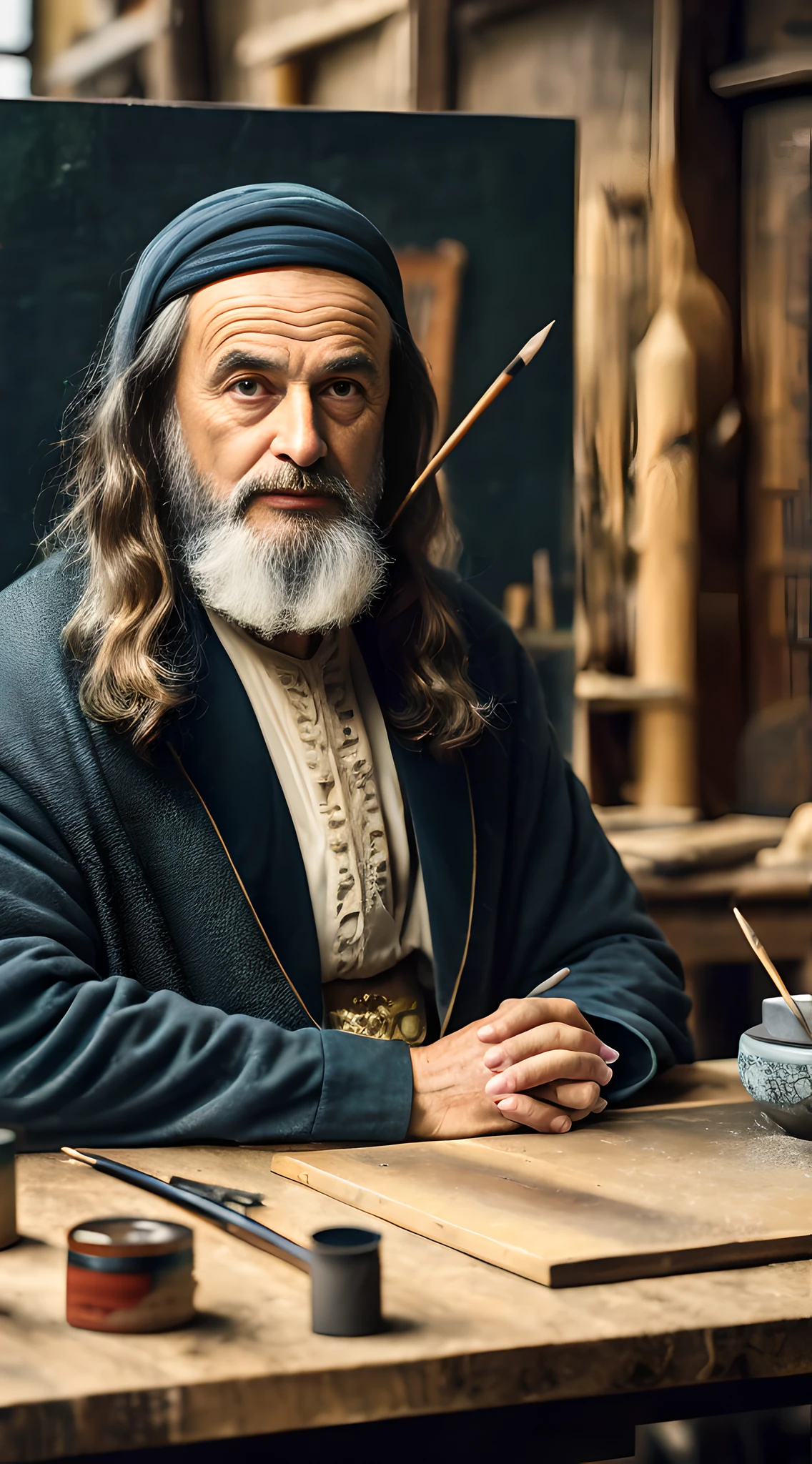 (masterpiece, 8K, best quality, photo-realistic:1.4), Leonardo da Vinci, (defined facial features:1.1), (vibrant aged eyes:1.2), in period-appropriate attire, absorbed in his work, detailed backdrop of a 15th-century artist's workshop, cluttered wooden table, pigments and brushes, working on a painting, subdued lighting, intense concentration, raw photo texture, full body view, side view.