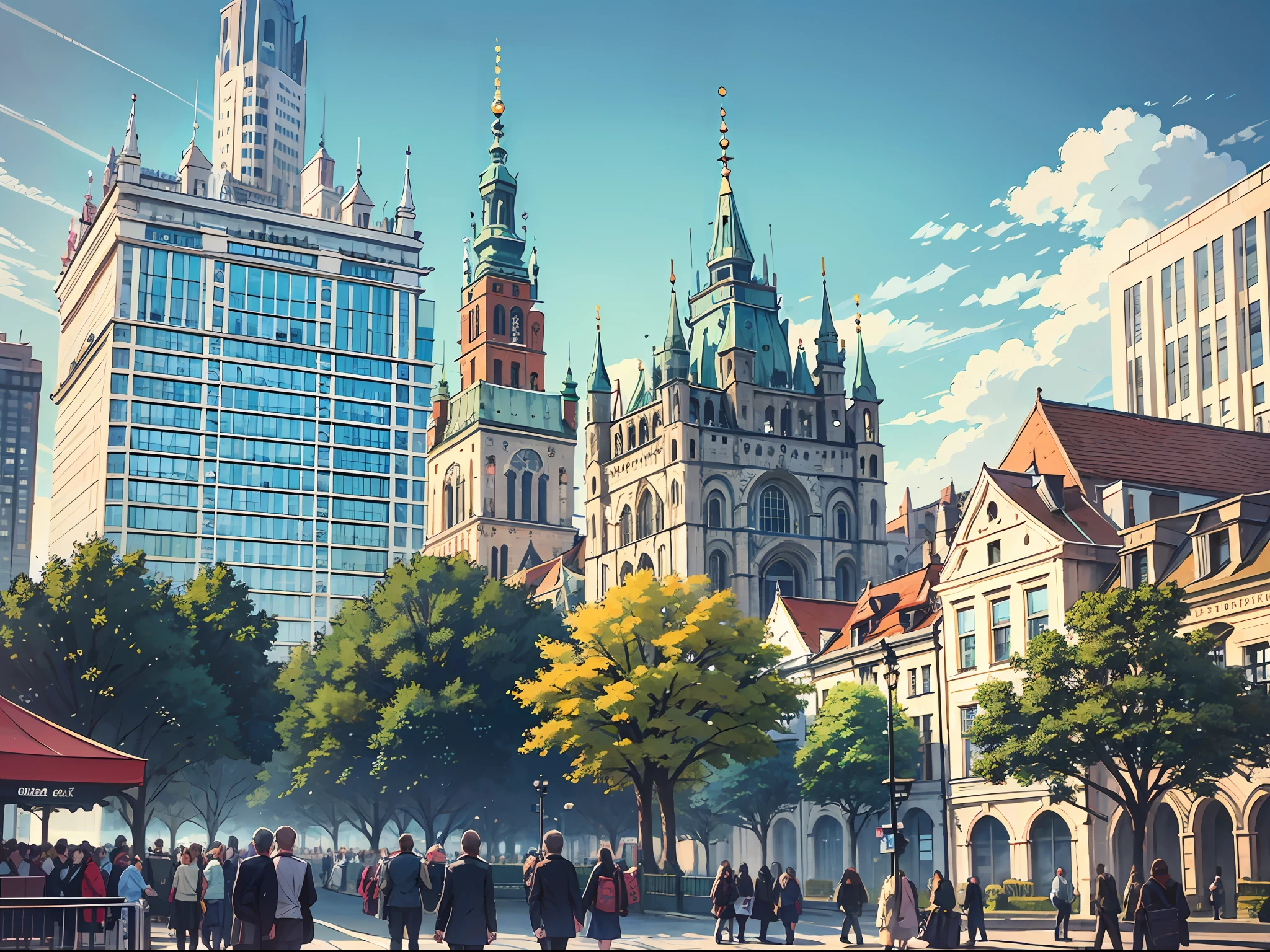 poland cracow in year 2050 big skyscrapers , park people walking on the street sunny day --auto --s2