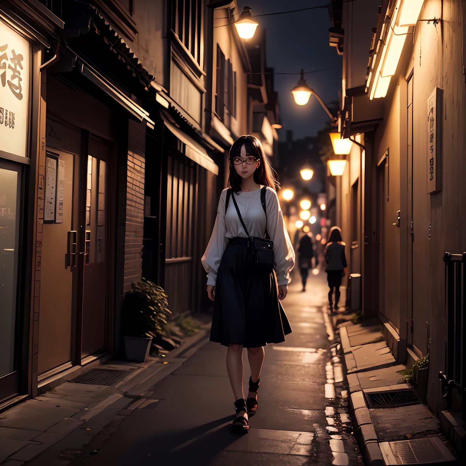 Woman walking in black and white of a girl with glasses, estilo anime semi-realista, estilo realismo anime, Arte no estilo de Guweiz, with glasses, girl with glasses, spectacled, cara de anime realista, menina anime jovem realista, retrato detalhado da menina do anime, arte de anime realista, Guweiz, menina anime retrato, shady dark backalley at night, beco escuro, cyberpunk streets in japan, beco escuro, em um beco escuro, com vista para uma rua escura, in a japanese town at night, Rua Escura, tokyo alleyway, in an alley at night back lit, high quality --auto