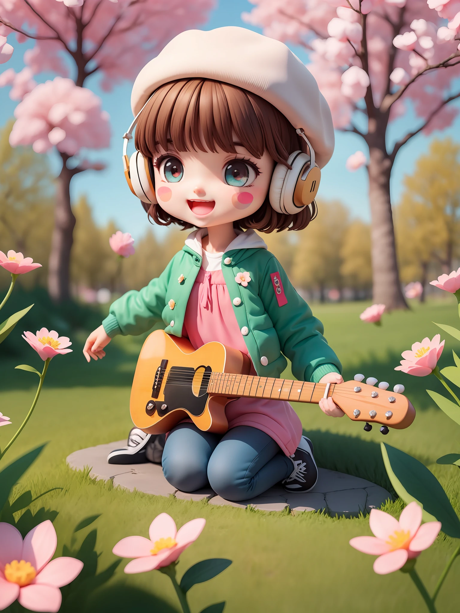(masterpiece),(best quality),(ultra-detailed), (full body:1.2),
1girl,chibi,cute, smile, open mouth,
flower, outdoors, playing guitar, music, beret, holding guitar, jacket, blush, tree, :3, shirt, short hair, cherry blossoms, green headwear, blurry, brown hair, blush stickers, long sleeves, bangs, headphones, black hair, pink flower,
(beautiful detailed face), (beautiful detailed eyes),