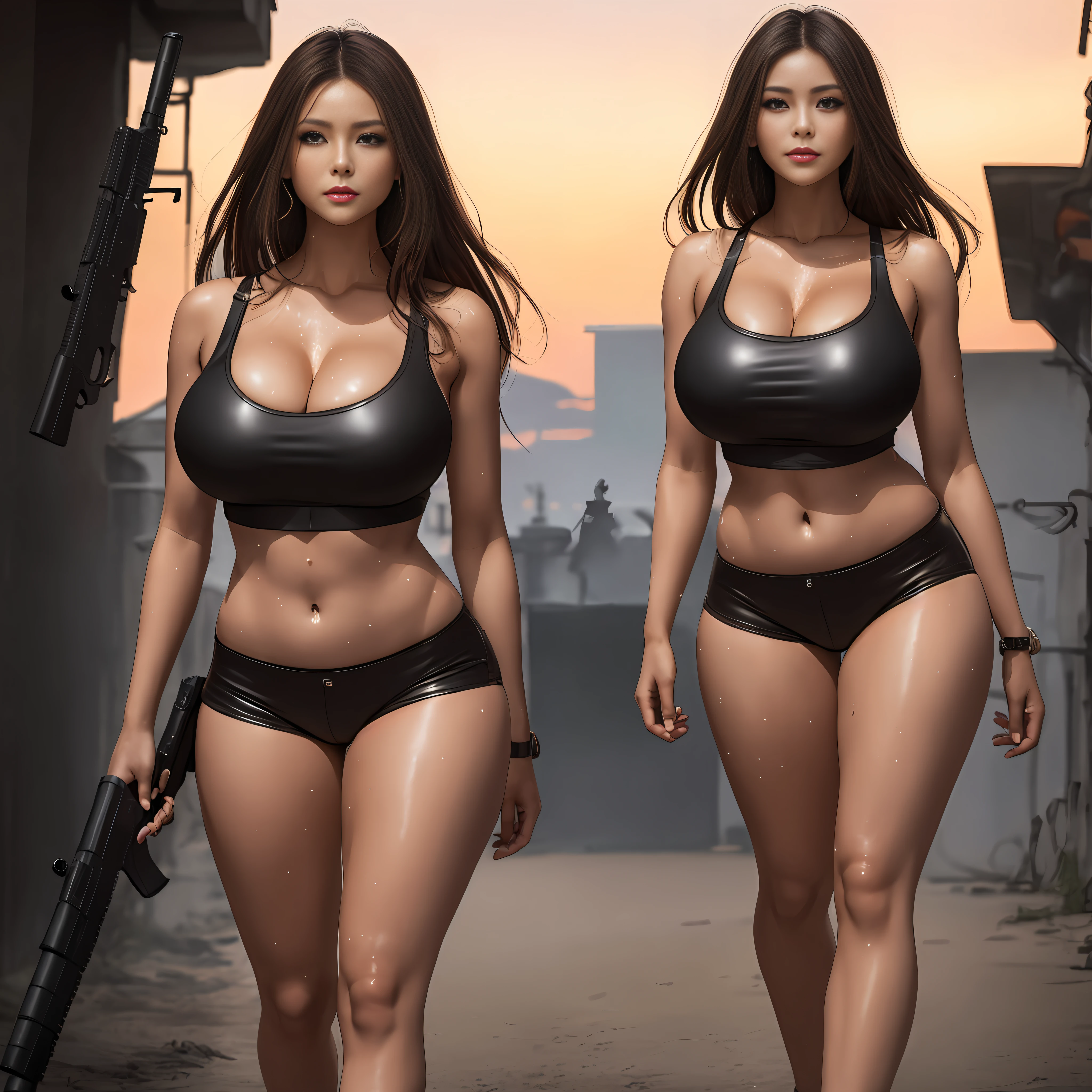 Beautiful brunette woman,Sweaty body,long way hair,blackleather,Short underwear,shortpants,Giant tits,is exposed,Thick thighs set the body,military,tactics,Firearms,Bottom-to-top perspective,8K,ultra realistis,The landscape of the end of the world --auto