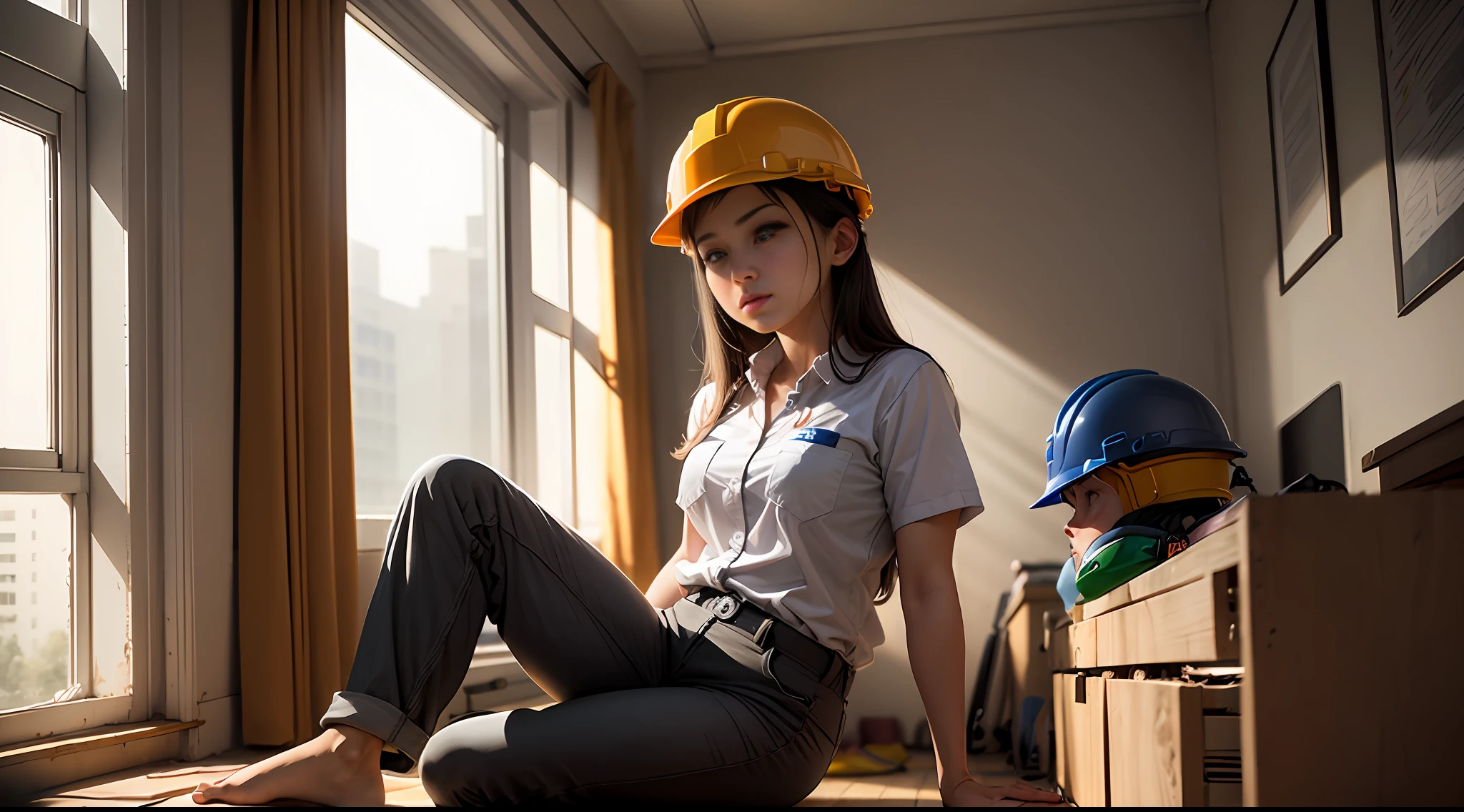 A female construction worker,Labor protection service,helmet,Single leg raised,Rub your feet,long trousers,early evening,dorm room,In front of the window,Anguished look --auto