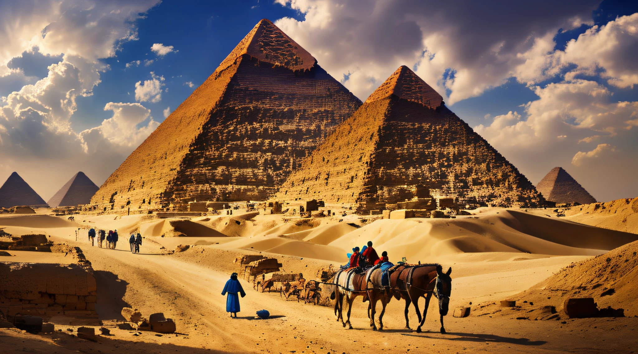Joseph walking on foot pulling a donkey carrying Mary and the baby Jesus, in the background the pyramids of Egypt, biblical history, expressions, high quality, high details, best quality, 16k