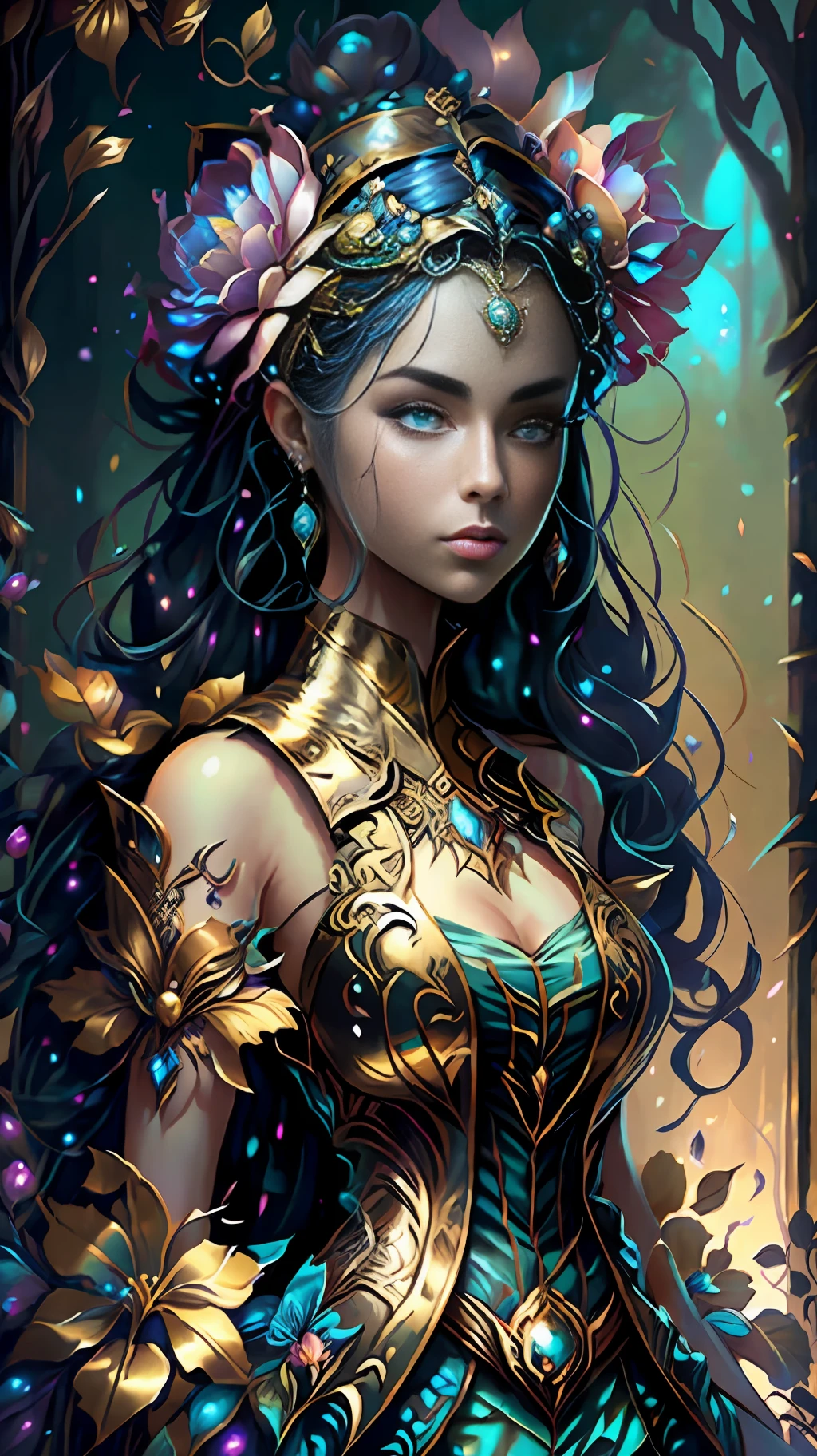 An overview of an exotic gardin, de exuberantes plantas y flores, hermosa elegante mujer con un vestido de alta costura en encajes estilo filigrana, Beautiful dress design, fantasy art behance, Fantasy style art, Detailed fantasy art, Fantasy art style, detailed fantasy digital art, Epic Fantasy Art Style HD, digital fantasy art ), epic fantasy art style, fantasy art illustration, epic fantasy style art, epic fantasy digital art style, detailed digital 2d fantasy art, ojos color nuez caramelo, detallado finamente intrincados, vestido largo hiperdetallado, manos perfectas afinados, nariz y boca finamente detallados, rostro perfecto, detallado finamente, pulido, Suave, limpio, sin inperfecciones, The most beautiful woman in the world, perfectamente bien definida, hermosa fantasia de mujer, mujer super hermosa de fantasia muy real, demasiado hermosa fantasiosa para ser real,