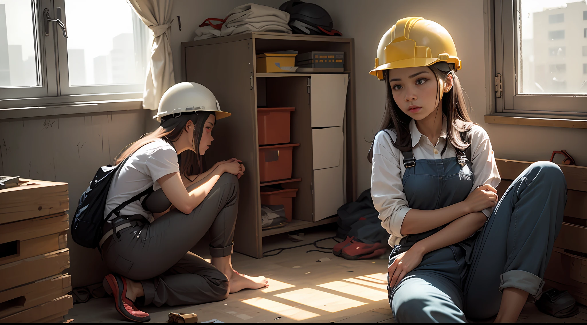 A female construction worker,Labor protection service,helmet,Single leg raised,Rub your feet,long trousers,early evening,dorm room,In front of the window,Anguished look --auto