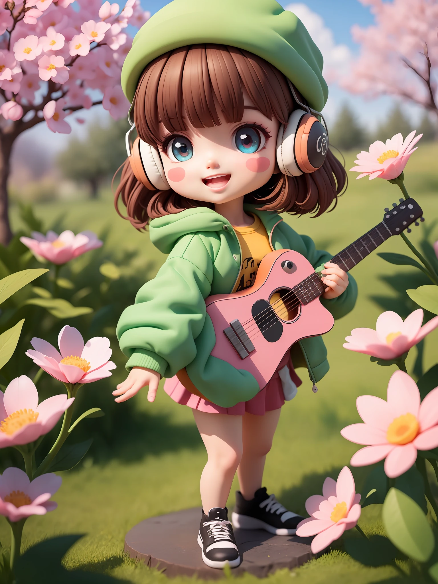 (masterpiece),(best quality),(ultra-detailed), (full body:1.2),
1girl,chibi,cute, smile, open mouth,
flower, outdoors, playing guitar, music, beret, holding guitar, jacket, blush, tree, :3, shirt, short hair, cherry blossoms, green headwear, blurry, brown hair, blush stickers, long sleeves, bangs, headphones, black hair, pink flower,
(beautiful detailed face), (beautiful detailed eyes),