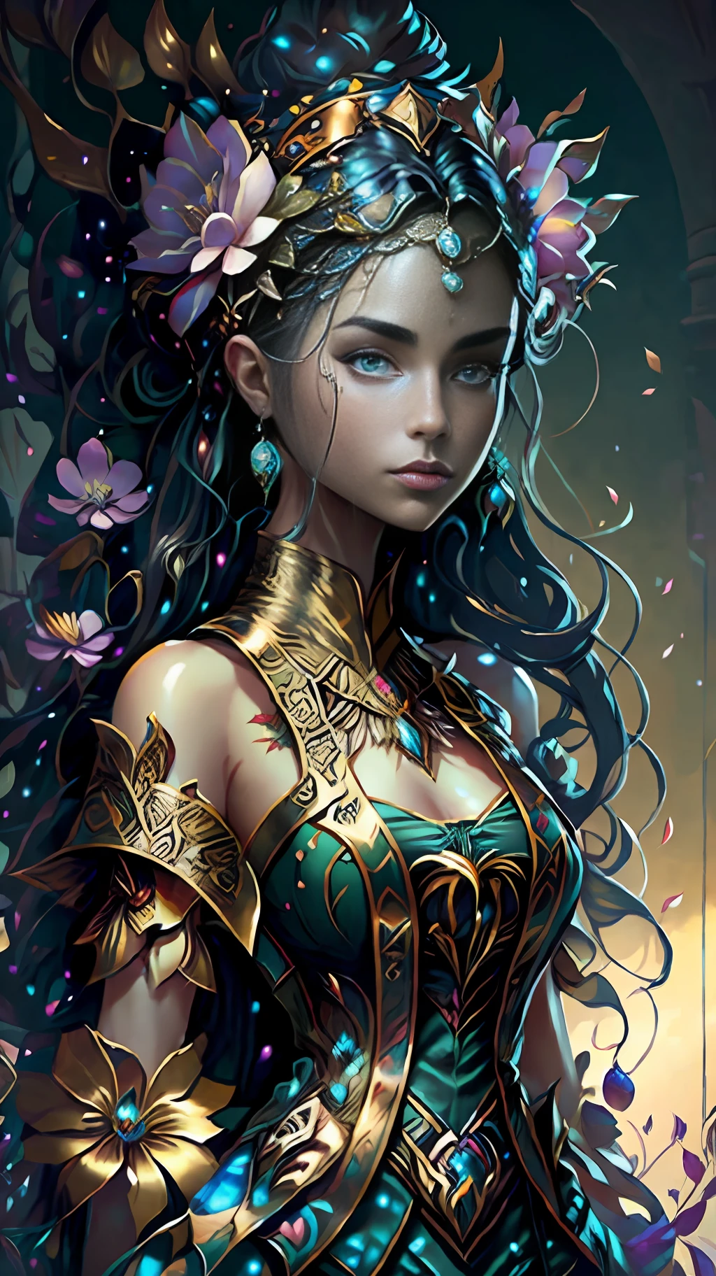 An overview of an exotic gardin, de exuberantes plantas y flores, hermosa elegante mujer con un vestido de alta costura en encajes estilo filigrana, Beautiful dress design, fantasy art behance, Fantasy style art, Detailed fantasy art, Fantasy art style, detailed fantasy digital art, Epic Fantasy Art Style HD, digital fantasy art ), epic fantasy art style, fantasy art illustration, epic fantasy style art, epic fantasy digital art style, detailed digital 2d fantasy art, ojos color nuez caramelo, detallado finamente intrincados, vestido largo hiperdetallado, manos perfectas afinados, nariz y boca finamente detallados, rostro perfecto, detallado finamente, pulido, Suave, limpio, sin inperfecciones, The most beautiful woman in the world, perfectamente bien definida, hermosa fantasia de mujer, mujer super hermosa de fantasia muy real, demasiado hermosa fantasiosa para ser real,