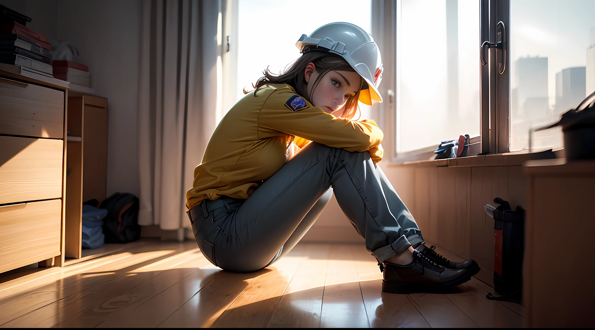 A female construction worker,Labor protection service,helmet,Single leg raised,Rub your feet,long trousers,early evening,dorm room,In front of the window,Anguished look --auto