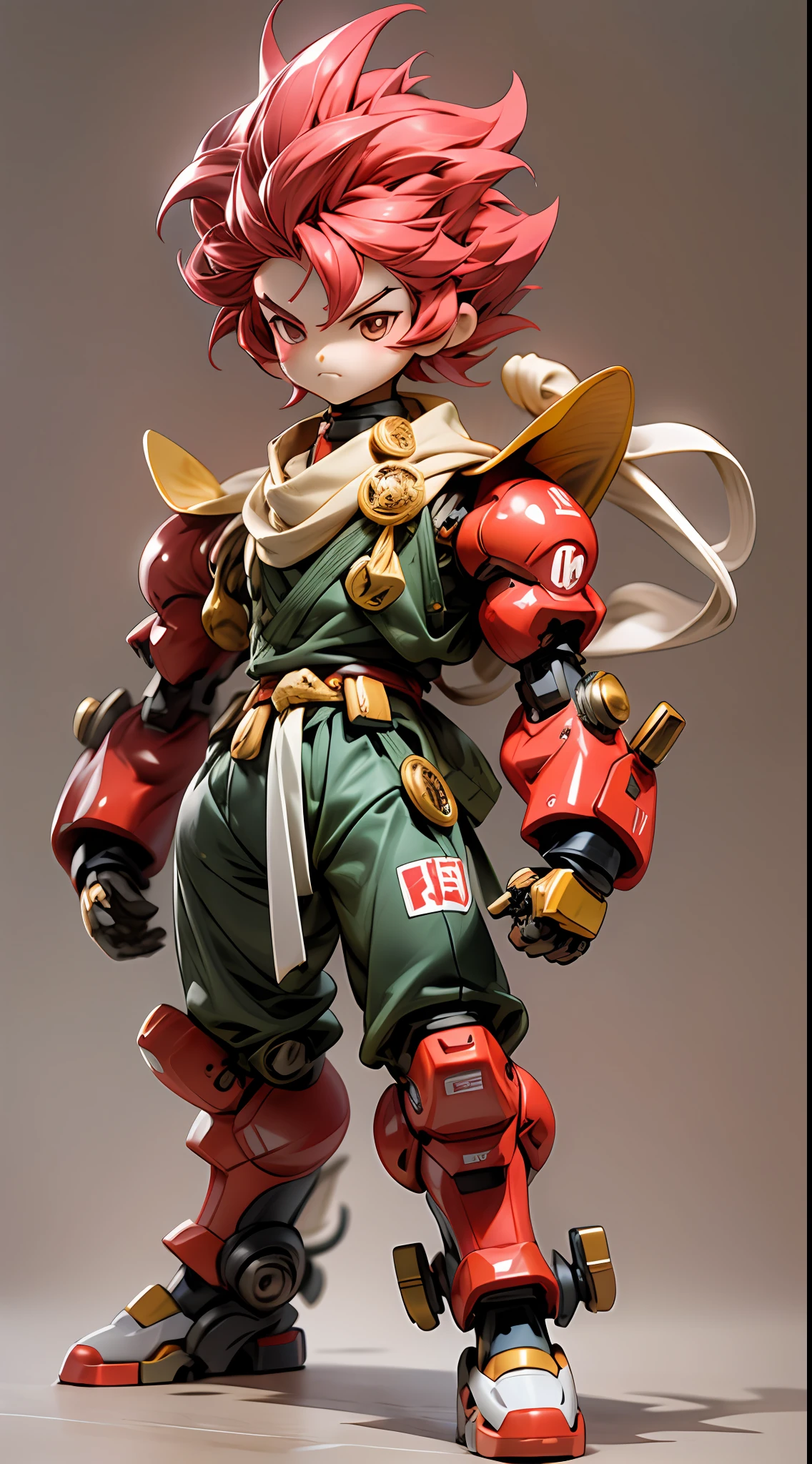 （chibi:1.5）,A three-year-old boy mech，Cool expression，Cutes，Has the head of the Monkey King，Mecha body，mecha limbs，Mecha arms，Mecha legs，Spiked hairstyle，