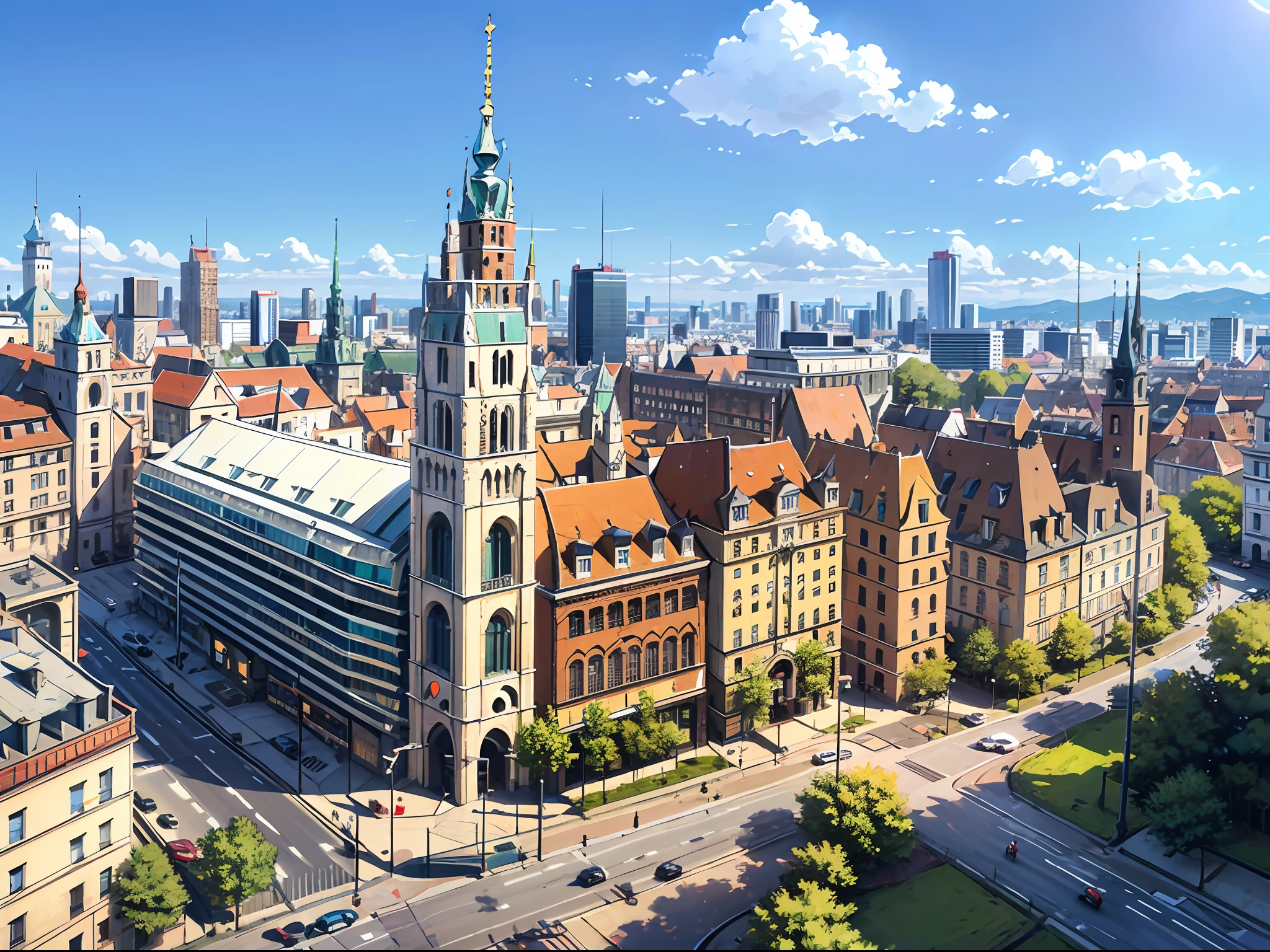 poland cracow in year 2050 big skyscrapers , park people walking on the street sunny day --auto --s2