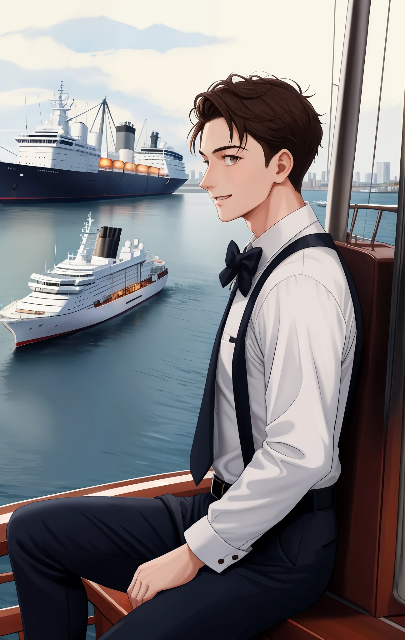 young man, 25 years old, social hair, social vest shirt sleeves rolled up, on the bow of a ship, in the 40s, he is excited, he is watching the city port, European