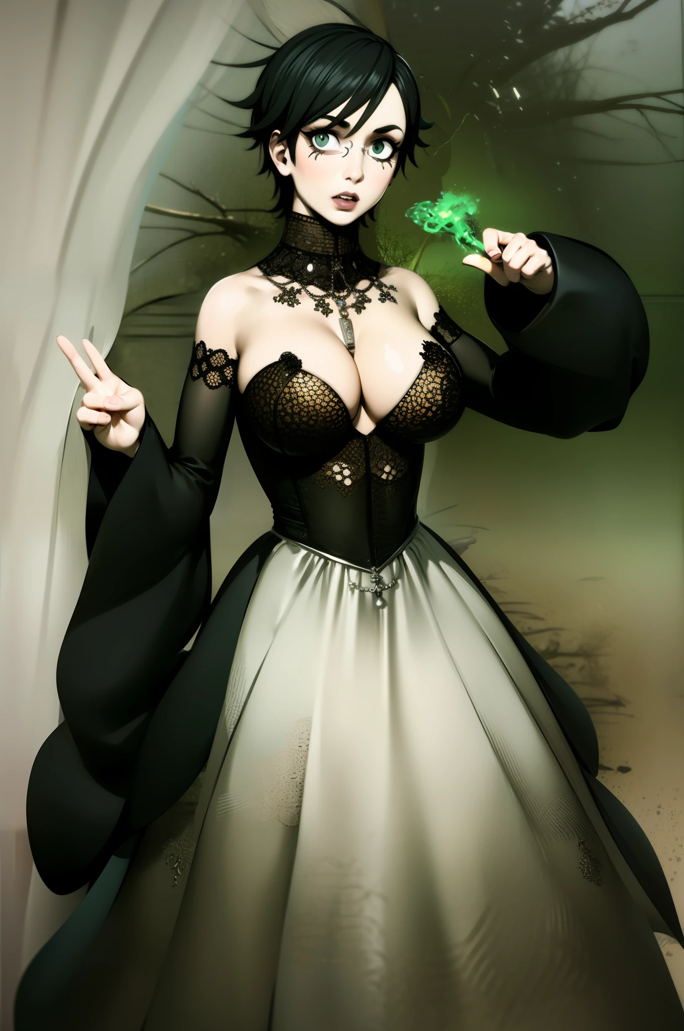 Cheveux courts, long robe, chiffons noirs, tomboy, cheveux noirs, maquillage, Goth, verre,sein moyen, christian, Croix latine, seul, forest, full clothed, victorian cloths, Jupe longue, marche