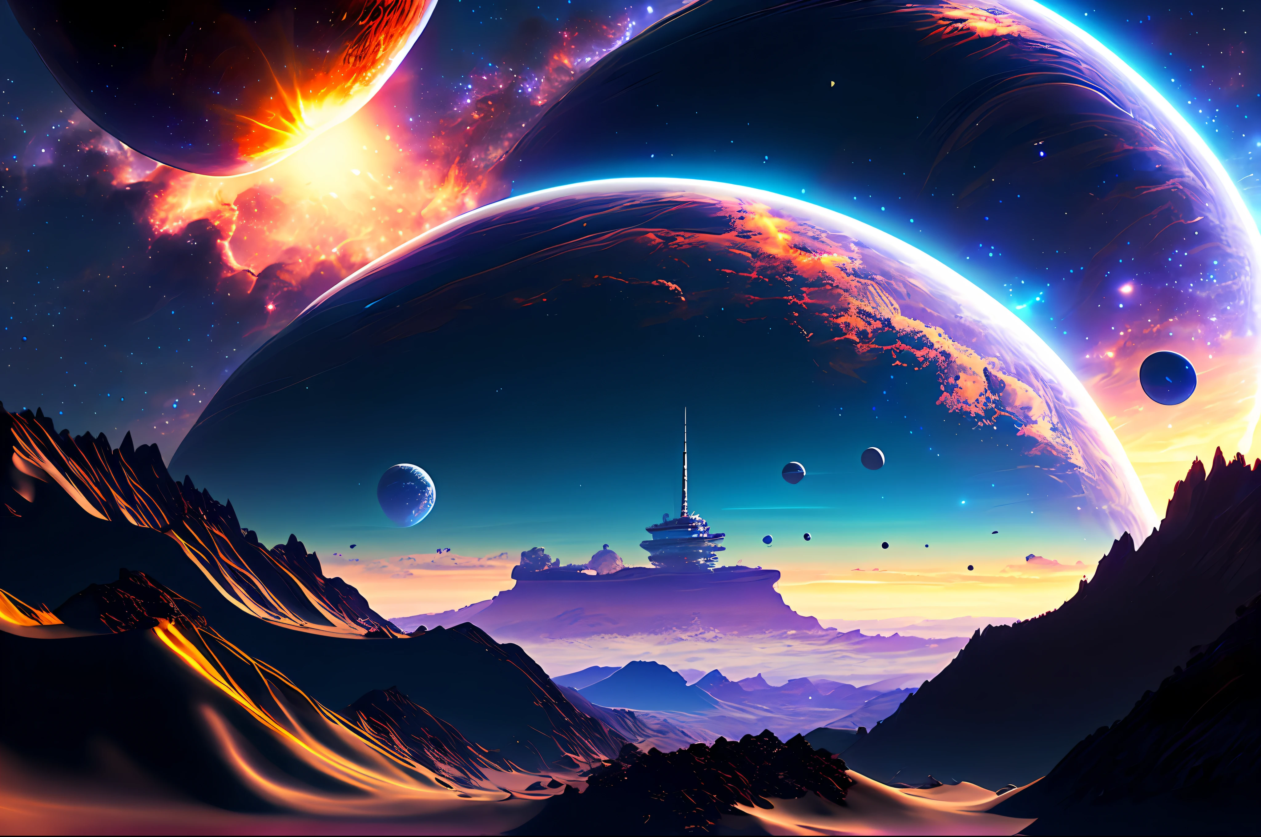 Looking out from the space station, the landscape would be breathtaking. The station would be located in the midst of an endless expanse of dark, star-studded space, with a distant planet visible on the horizon. The planet would be a majestic, multi-colored sphere, covered in swirling clouds and dotted with mountains and oceans.
Around the station, there would be a flurry of activity, as spacecraft come and go, transporting supplies, equipment, and personnel. Some of the ships would be sleek and streamlined, while others would be bulky and utilitarian, designed for heavy lifting and long-haul transport.
The space station itself would be a marvel of engineering, a gleaming hub of metal and glass that extends out into space like a giant spider web. The modules that make up the station would be connected by slender, curved arms, each one bristling with communication antennae, solar panels, and scientific instruments.
As the station orbits the planet, the landscape below would change, revealing new vistas and hidden wonders. There might be massive craters, towering volcanoes, or deep canyons that stretch for miles. The colors of the planet would shift as the sun rises and sets, casting long shadows across the landscape and illuminating hidden valleys and peaks.
Despite the vastness of space and the sheer scale of the landscape, the space station would be a beacon of life and activity, a testament to the ingenuity and determination of human beings to explore and conquer the unknown. (((masterpiece))), ((best quality)), realistic, 8k, ultra-detailed, realistic, scenery, ConceptArt, Highly detailed RAW color Photo, side Angle, (lens flare:0.7), particle effects, raytracing, cinematic lighting, shallow depth of field, photographed on a Sony Alpha 1, 50mm wide angle lens, sharp focus, cinematic film still, dynamic pose., 1 planet,